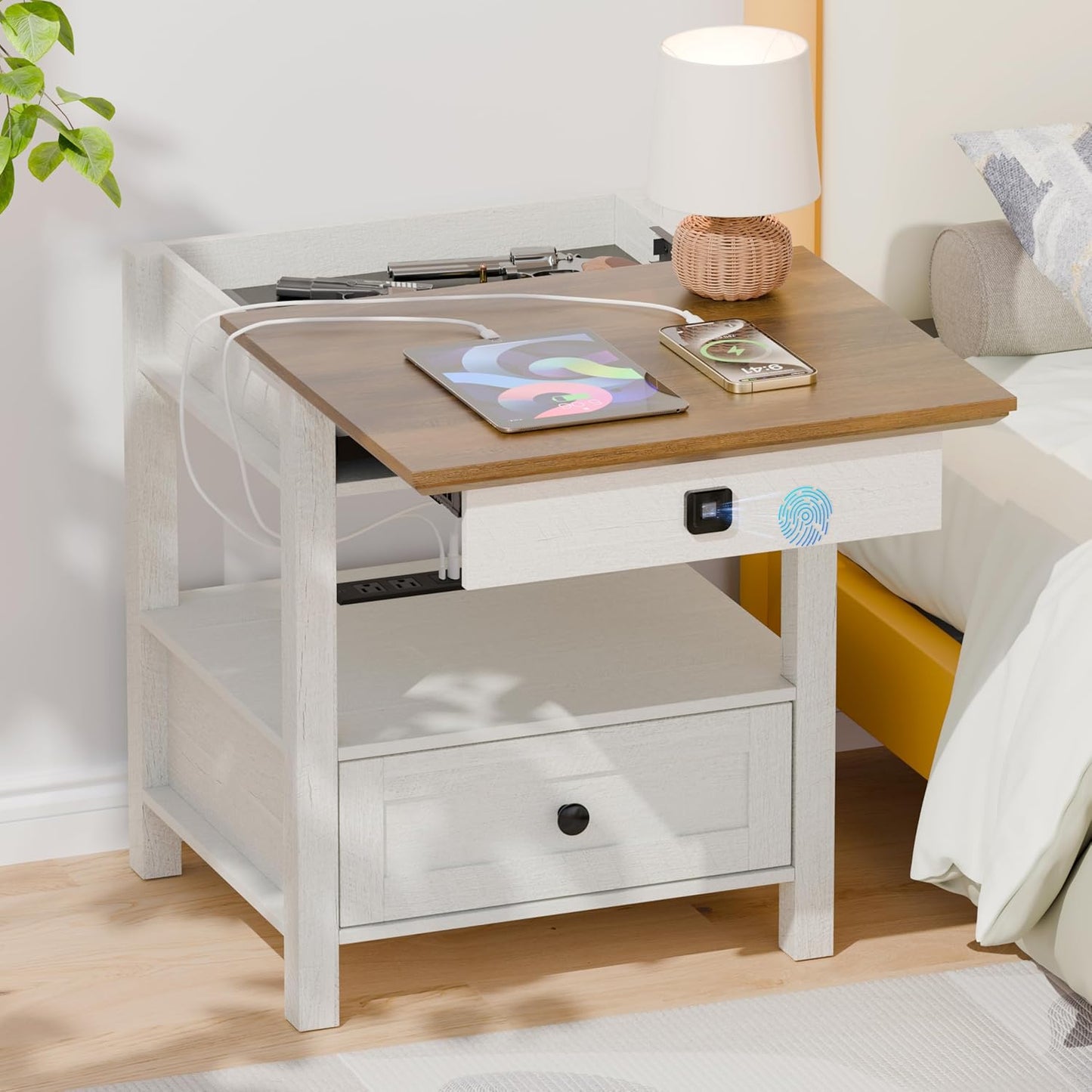 Rresyet End Table with Fingerprint Lock, Side Table with Extendable Top & Built-in Power Outlets & Drawer, Wooden Storage Nightstand for Home & Office (Black)