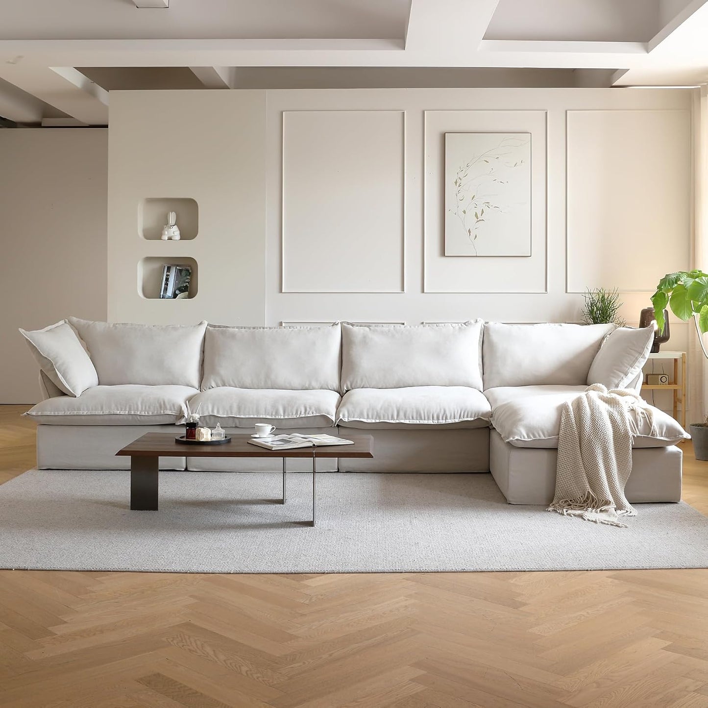 JACH U-Shaped Couches for Living Room, Convertible Sectional Sofa, 162" Modern Deep Seat Soft Cloud Couch, Modular Sectional Sofas with Ottomans, Sofa Cover Removable(Beige)