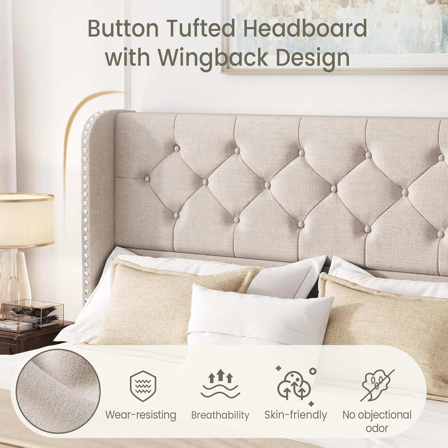 Queen Size Bed Frame with 4 Storage Drawers and Tufted Headboard Linen Upholstered Platform Bed Frame Wingback Beds with Wooden Slats Support, Easy Assembly, Beige