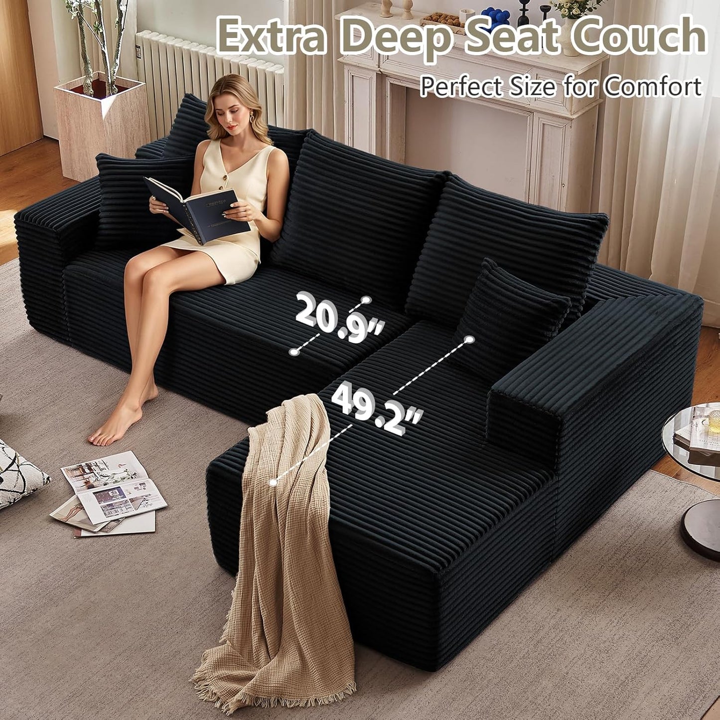 107" Modular Sectional Couches for Living Room, Comfy Boneless L Shaped Cloud Couch with Chaise Lounge, Modern Cozy Corduroy Deep Seat Floor Sofa, Memory Foam, No Assembly Required, Black