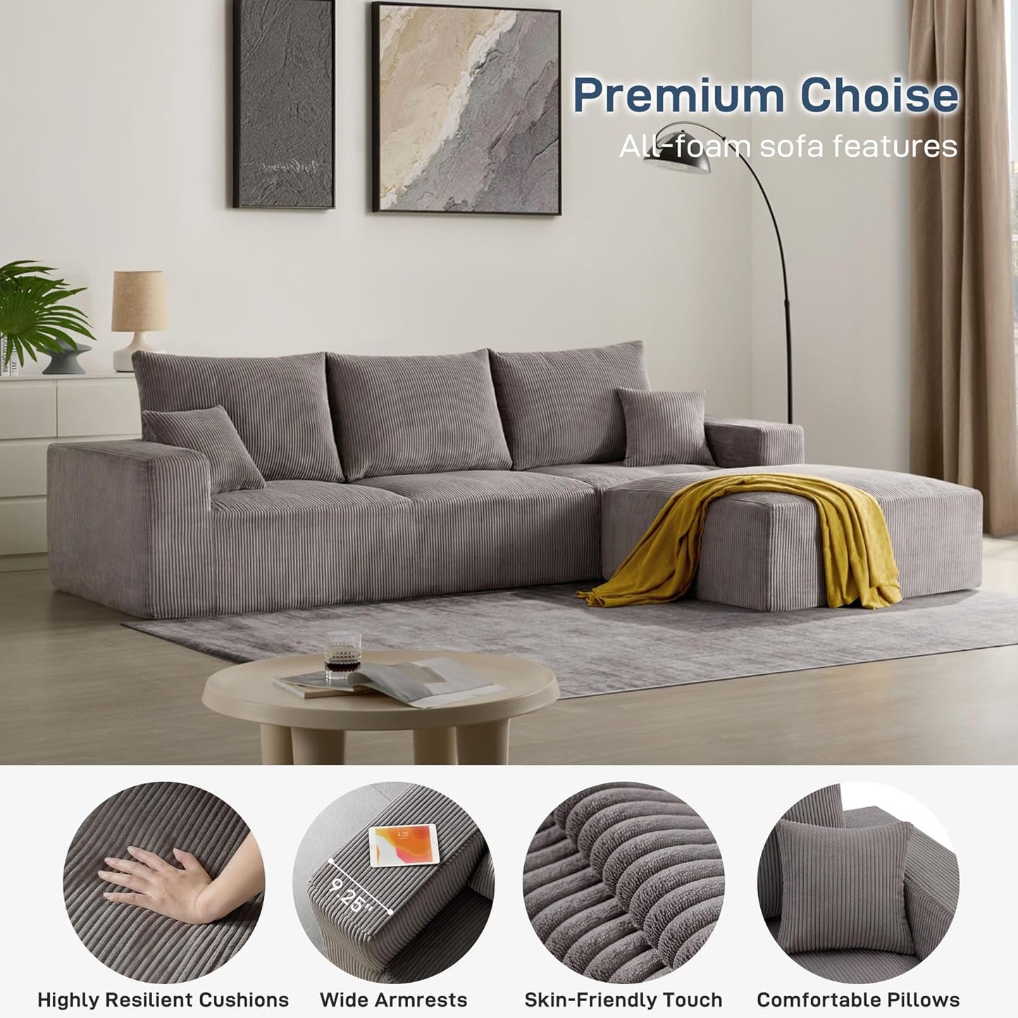 Sectional Cloud Boneless Sofa Couches for Living Room-113'' Gray 3 Seater U-Shaped Modern Lounge Couch-No Assembly Modular Corduroy Convertible Sponge Sleeper Sofas with Chaise for Home House