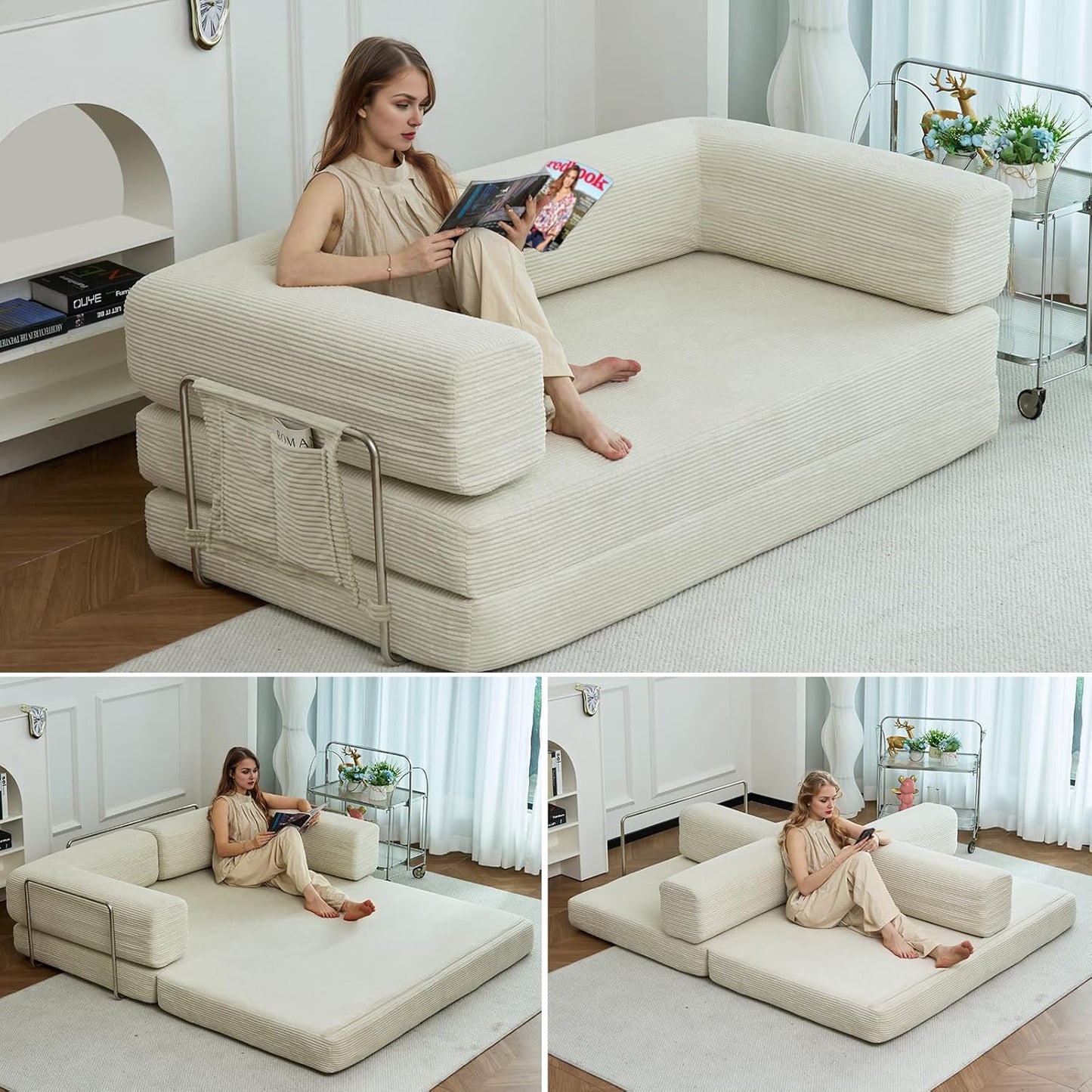 Folding Sofa Bed Convertable Corduroy Couch King Size Floor Sleeper 4-in-1 DIY Combination Modular Sofa Fold Out Futon Lounge Comfy Foldable Lazy cama for Living Room (Orange, 80.15")