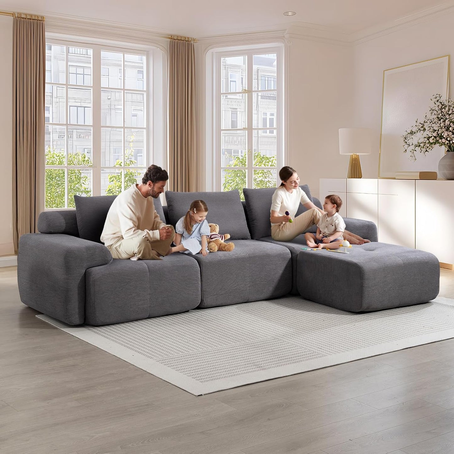 L-Shaped Sectional Sofa Bed with Memory Foam, No-Assembly Convertible Loveseat Couch, Corduroy Fabric Modular Sofa with Steel Frame for Living Room, Apartment, Bedroom, Small Spaces (Grey)