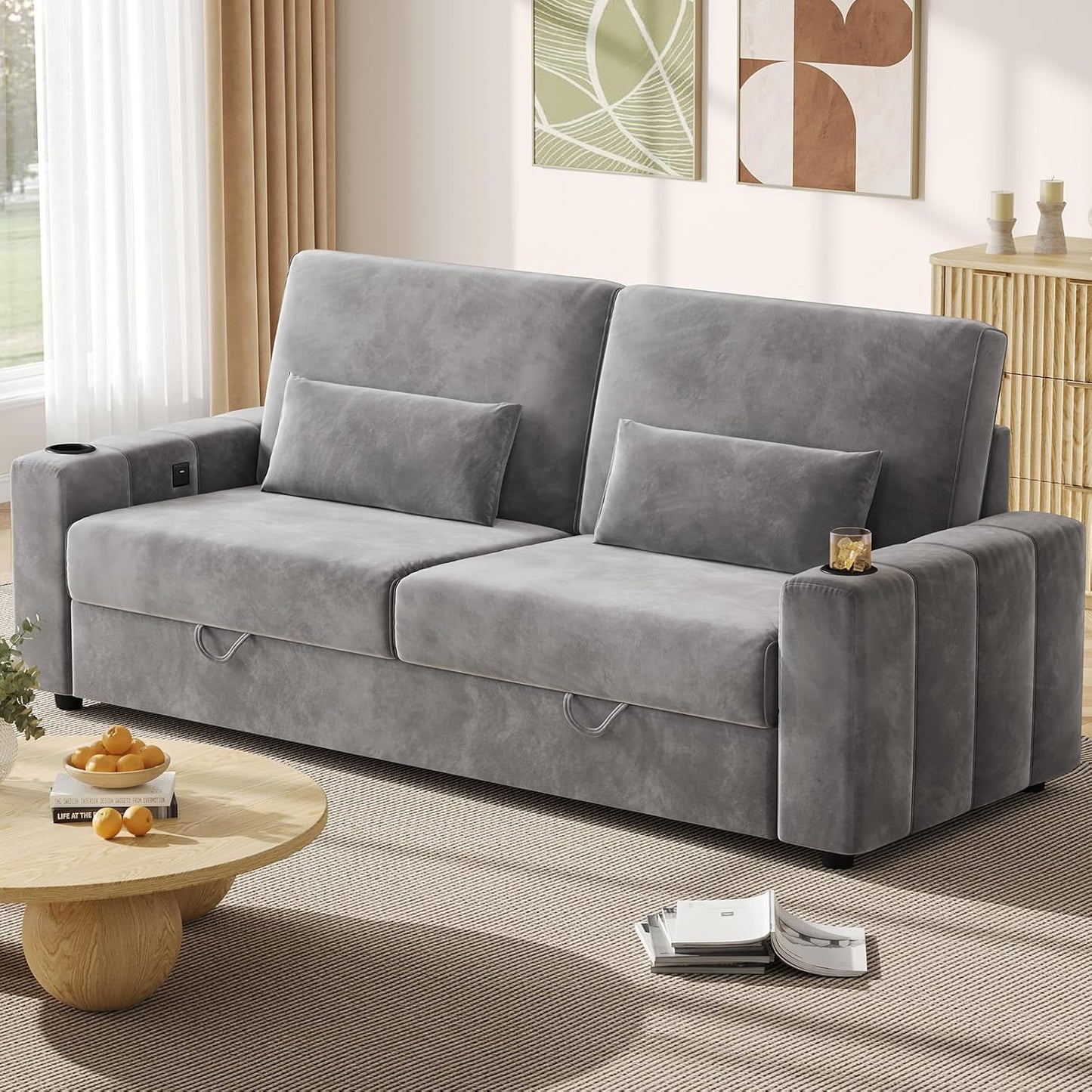 75 Inch Loveseat Sofa, Velvet Fabric Couch with Storage, Cup Holder, Charging Ports, Heightened Backrests, Removable Cover Modern Comfy Couches Easy Assembly for Small Spaces Apartment