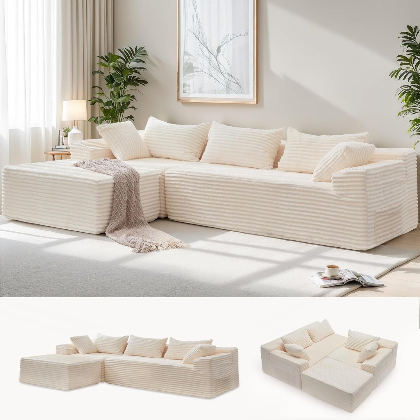108" Sectional Couches for Living Room, Modular Sectional Sofa with L-Shape Chaise, Cloud Couch, Comfy Corduroy Fluffy Couch with Deep Seat and Side Pockets, No Assembly Required