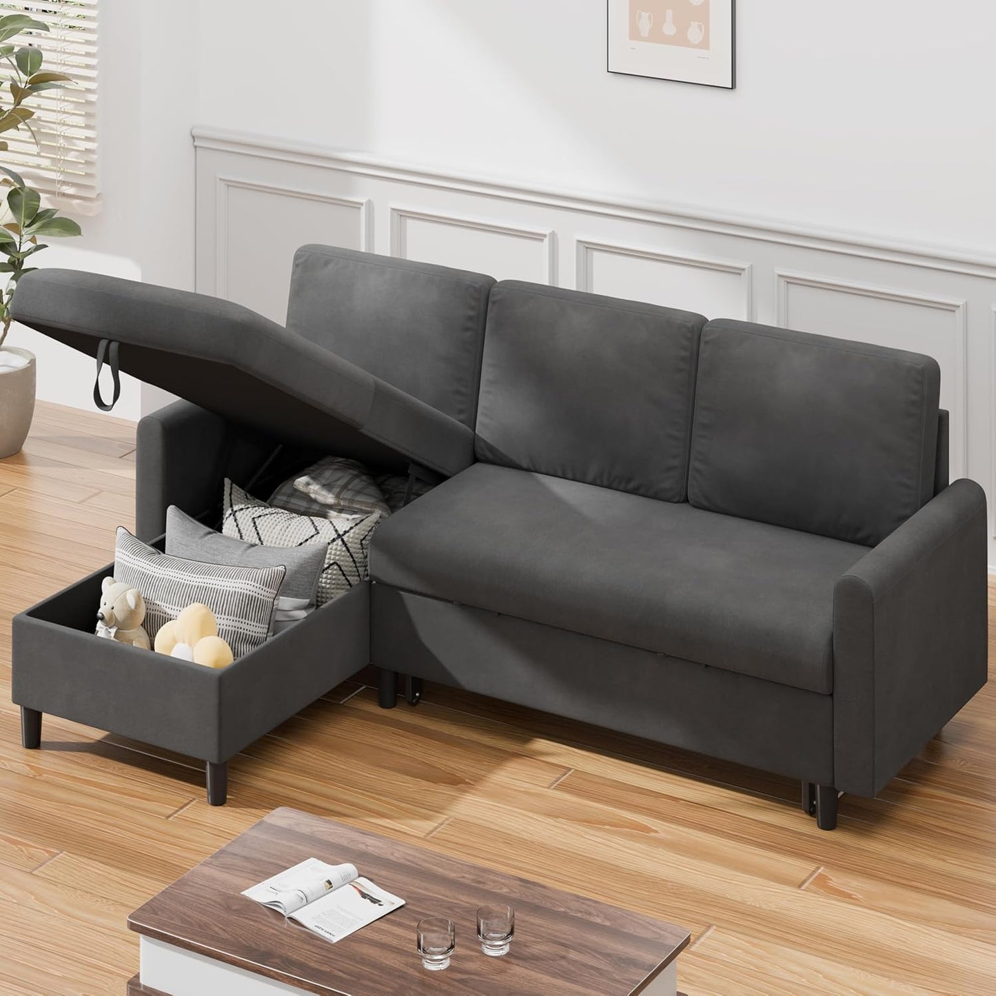 Shintenchi Sofa Couch, Sofa Bed- 2 in 1 Pull Out Couch Bed with Storage Chaise for Living Room, Sofa Bed Sectional Sofa Couch Linen Couch (Grey Black)