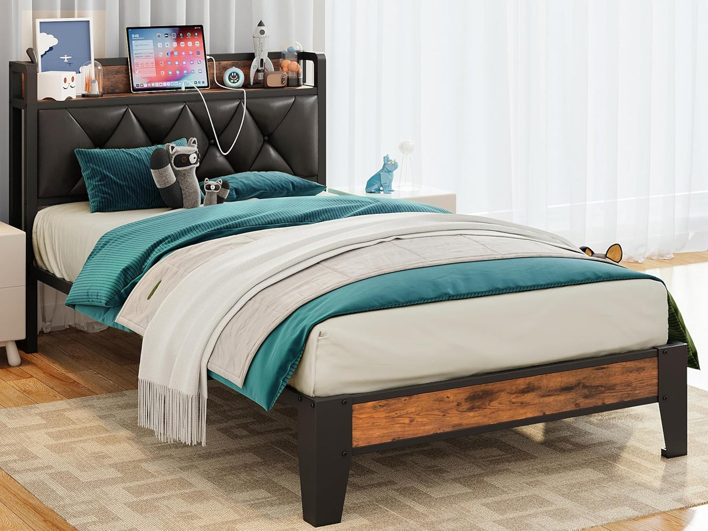 ANCTOR Twin Bed Frames, Storage Headboard with Outlets, Easy to Install, Sturdy and Stable, No Noise, No Box Springs Needed - Perfect for a Good Night's Sleep