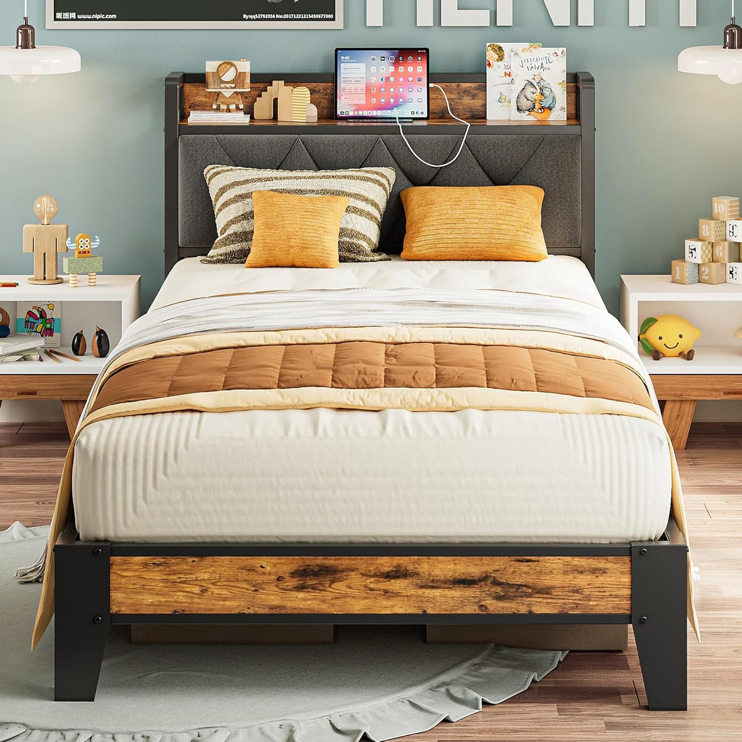 ANCTOR Twin Bed Frames, Storage Headboard with Outlets, Easy to Install, Sturdy and Stable, No Noise, No Box Springs Needed - Perfect for a Good Night's Sleep