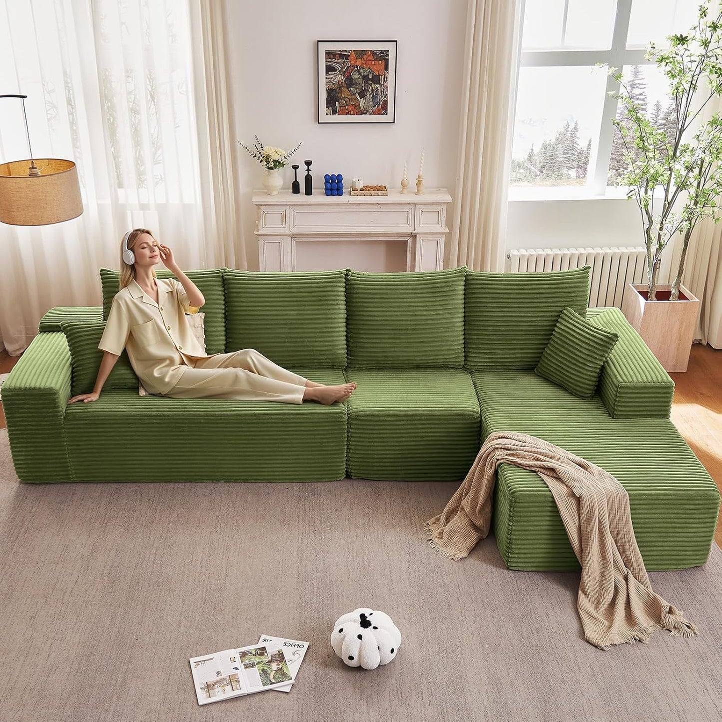 107" Modular Sectional Couches for Living Room, Comfy Boneless L Shaped Cloud Couch with Chaise Lounge, Modern Cozy Corduroy Deep Seat Floor Sofa, Memory Foam, No Assembly Required, Black