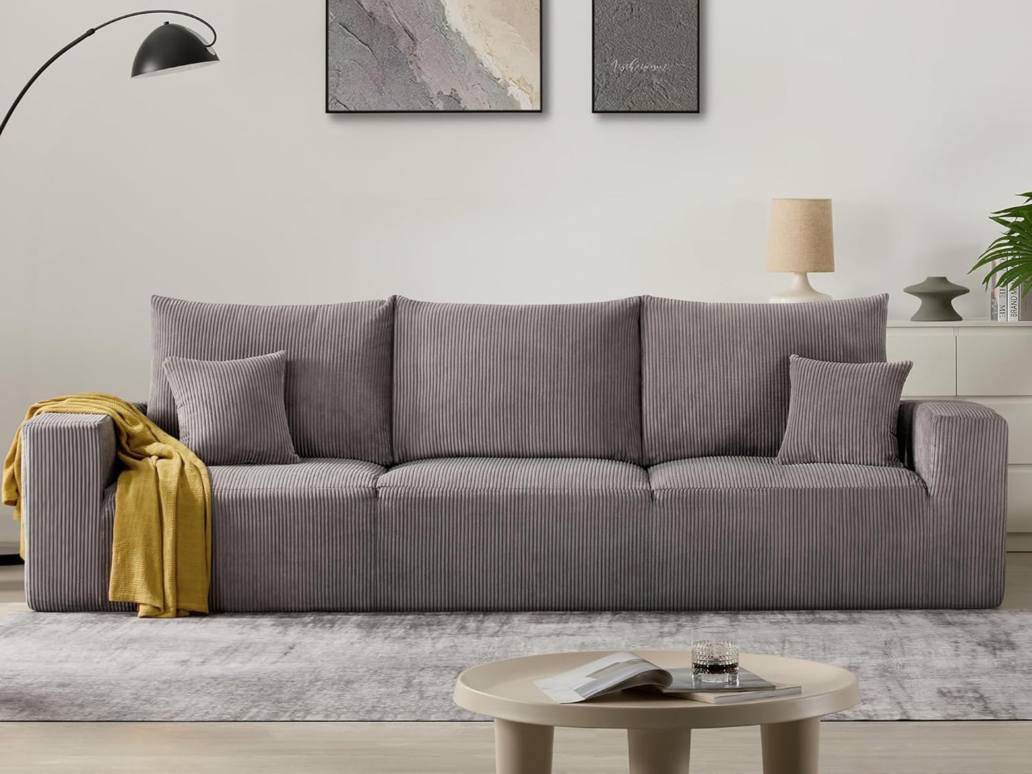 Sectional Cloud Boneless Sofa Couches for Living Room-113'' Gray 3 Seater U-Shaped Modern Lounge Couch-No Assembly Modular Corduroy Convertible Sponge Sleeper Sofas with Chaise for Home House