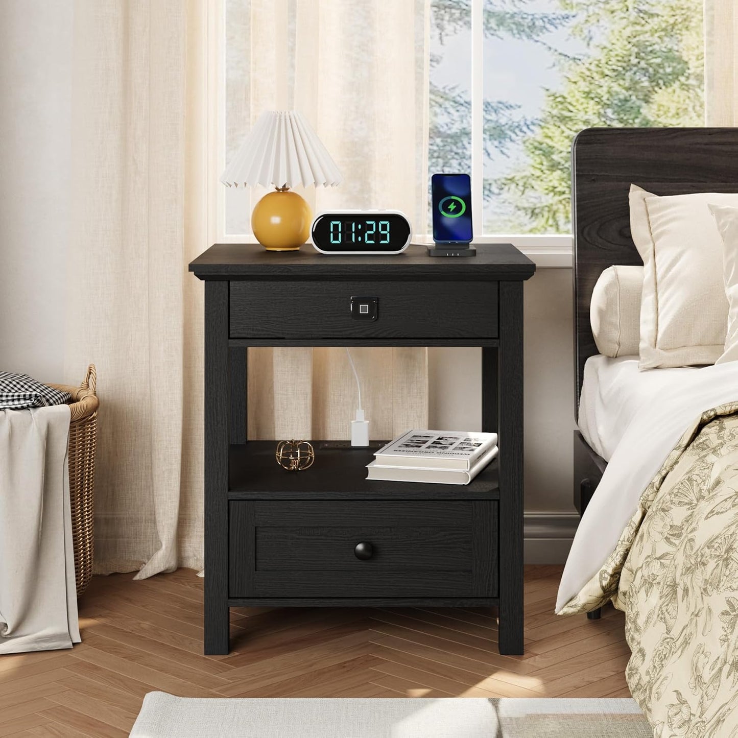 Rresyet End Table with Fingerprint Lock, Side Table with Extendable Top & Built-in Power Outlets & Drawer, Wooden Storage Nightstand for Home & Office (Black)