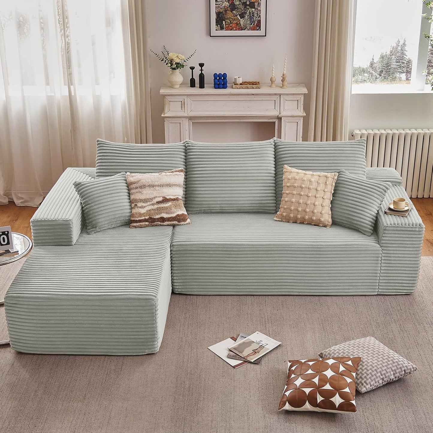 107" Modular Sectional Couches for Living Room, Comfy Boneless L Shaped Cloud Couch with Chaise Lounge, Modern Cozy Corduroy Deep Seat Floor Sofa, Memory Foam, No Assembly Required, Black