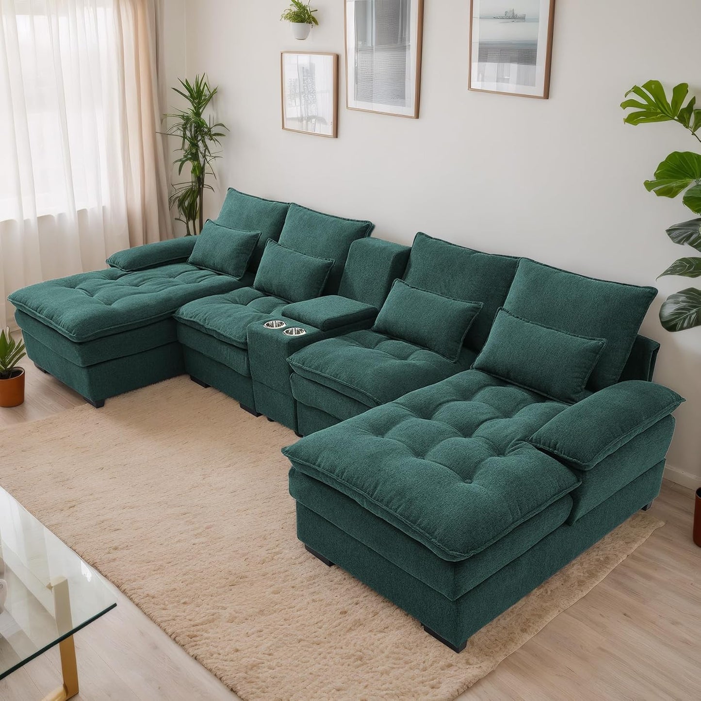 OUYESSIR 130" U Shaped Sectional Cloud Couches with Storage Console, Oversized Modular Sectional Sofa with Tufted Buttons & Chaise Lounge, Comfy Linen 6 Seat Sofa for Living Room, Beige White