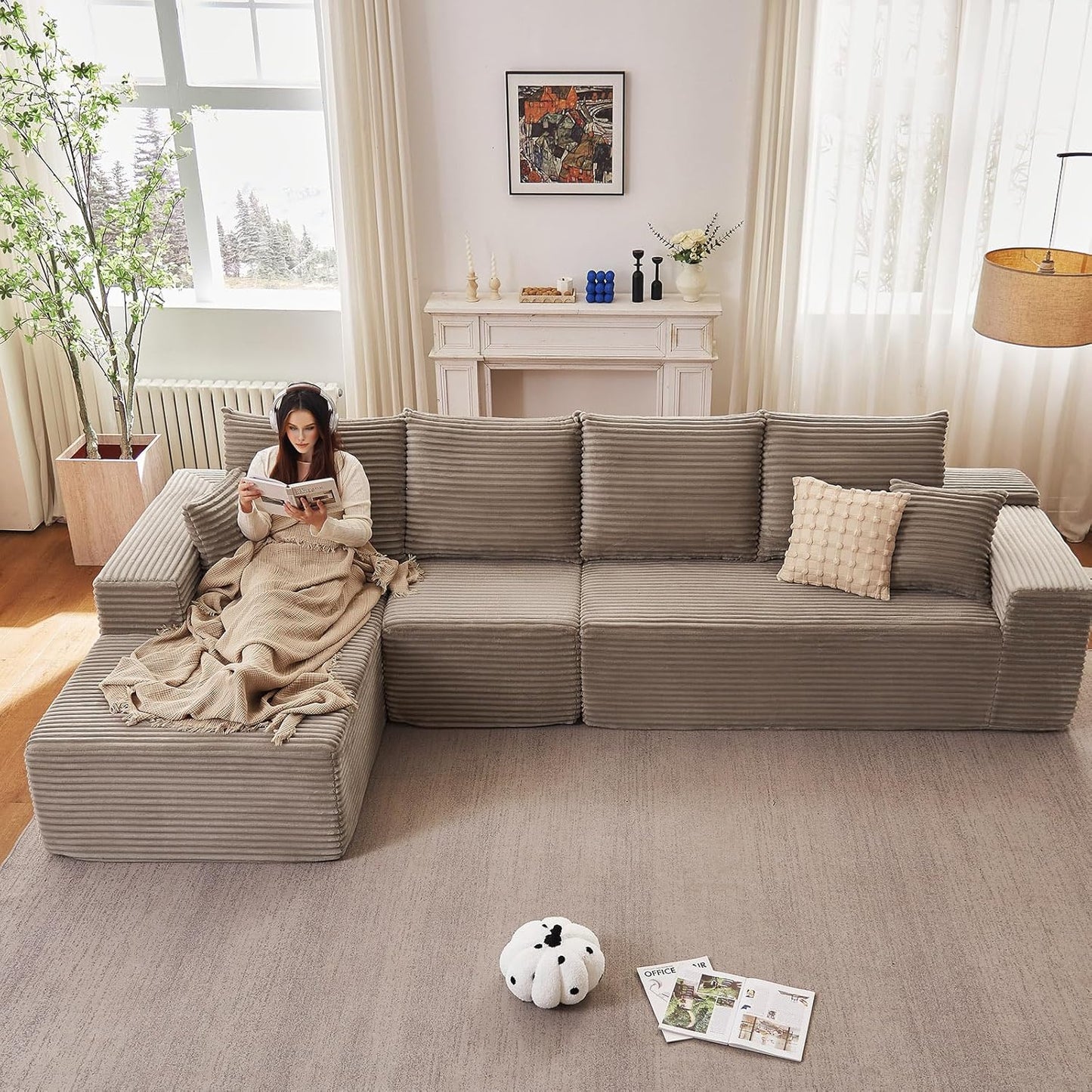 107" Modular Sectional Couches for Living Room, Comfy Boneless L Shaped Cloud Couch with Chaise Lounge, Modern Cozy Corduroy Deep Seat Floor Sofa, Memory Foam, No Assembly Required, Black