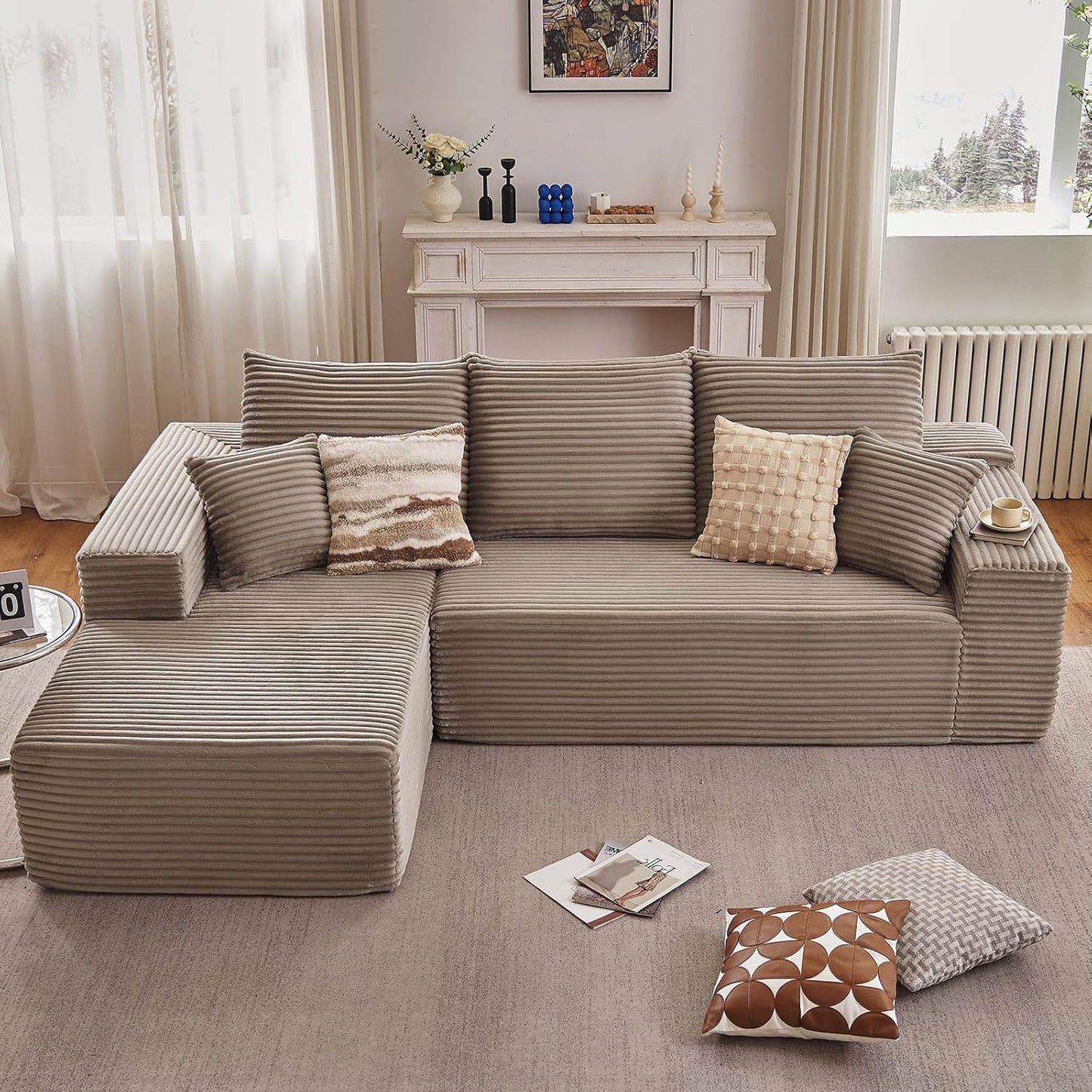 107" Modular Sectional Couches for Living Room, Comfy Boneless L Shaped Cloud Couch with Chaise Lounge, Modern Cozy Corduroy Deep Seat Floor Sofa, Memory Foam, No Assembly Required, Black