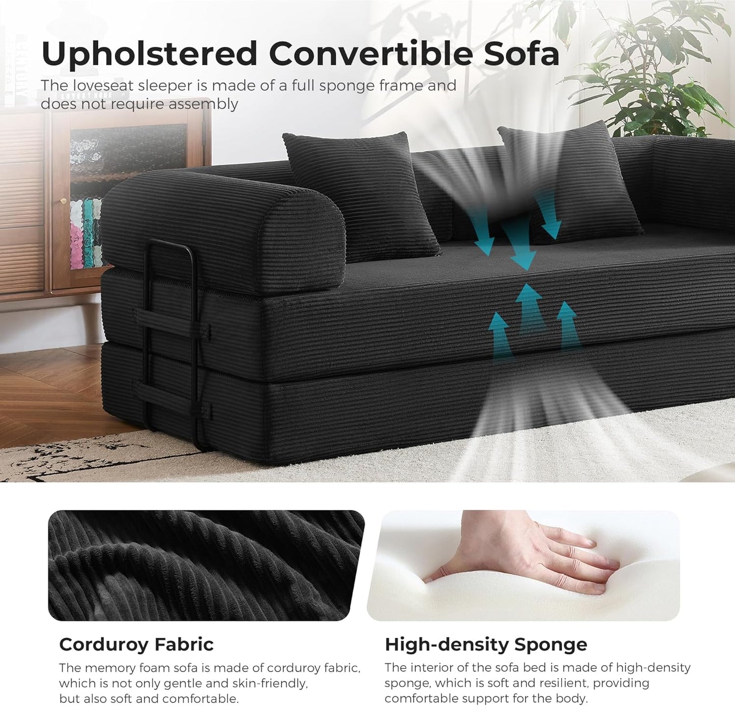 79" Modular Sofa Bed, Convertible Sleeper Sofa Bed, Couch Bed with Fixed-Shape Frame, Corduroy Floor Sofa Lounge Couch, Couches for Living Room with 2 Pillows, No Assembly Required, Black