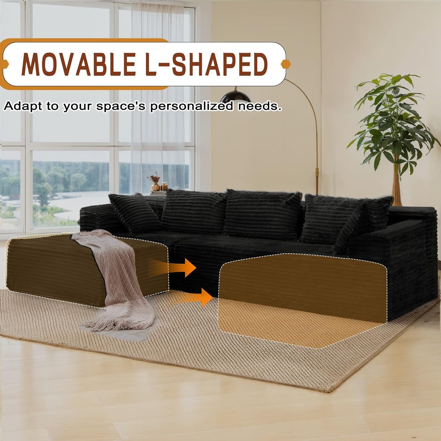 108" Sectional Couches for Living Room, Modular Sectional Sofa with L-Shape Chaise, Cloud Couch, Comfy Corduroy Fluffy Couch with Deep Seat and Side Pockets, No Assembly Required