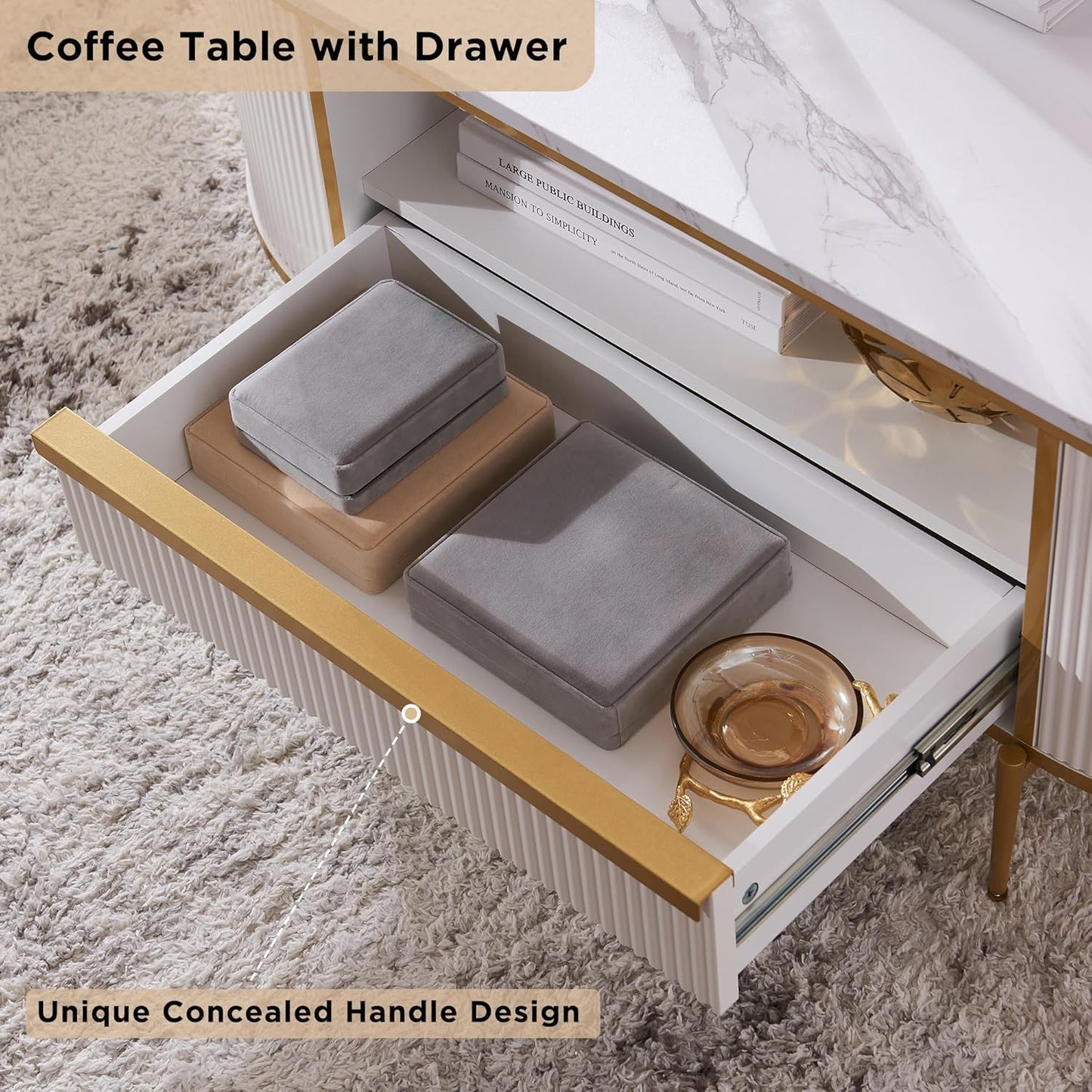 OKD Modern Luxury Fluted Coffee Table, 48" Oval Coffee Table with Drawer, Faux Marble Top, Curved Profile Design, Gold Metal Decor, Center Table for Living Room, Off White