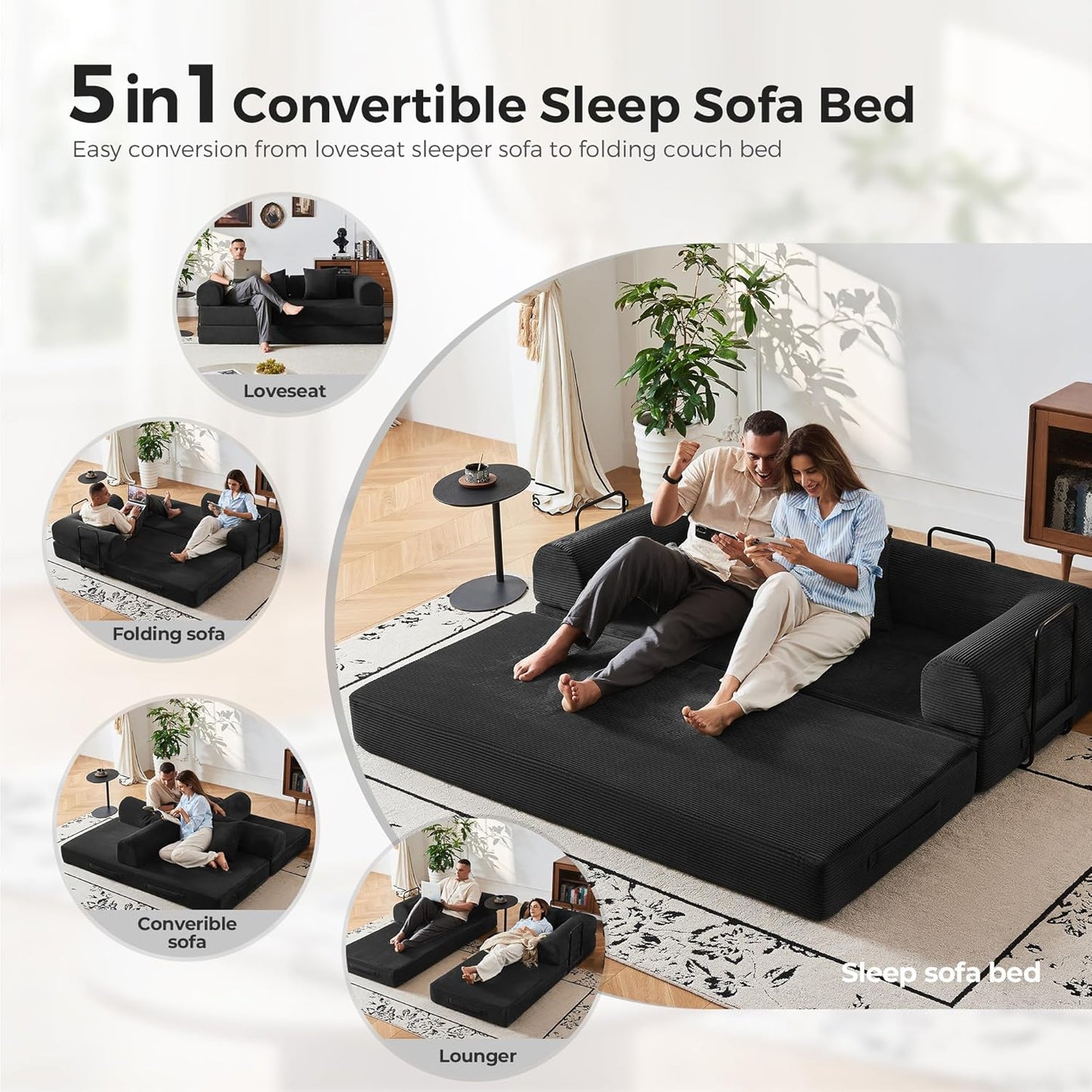 79" Modular Sofa Bed, Convertible Sleeper Sofa Bed, Couch Bed with Fixed-Shape Frame, Corduroy Floor Sofa Lounge Couch, Couches for Living Room with 2 Pillows, No Assembly Required, Black