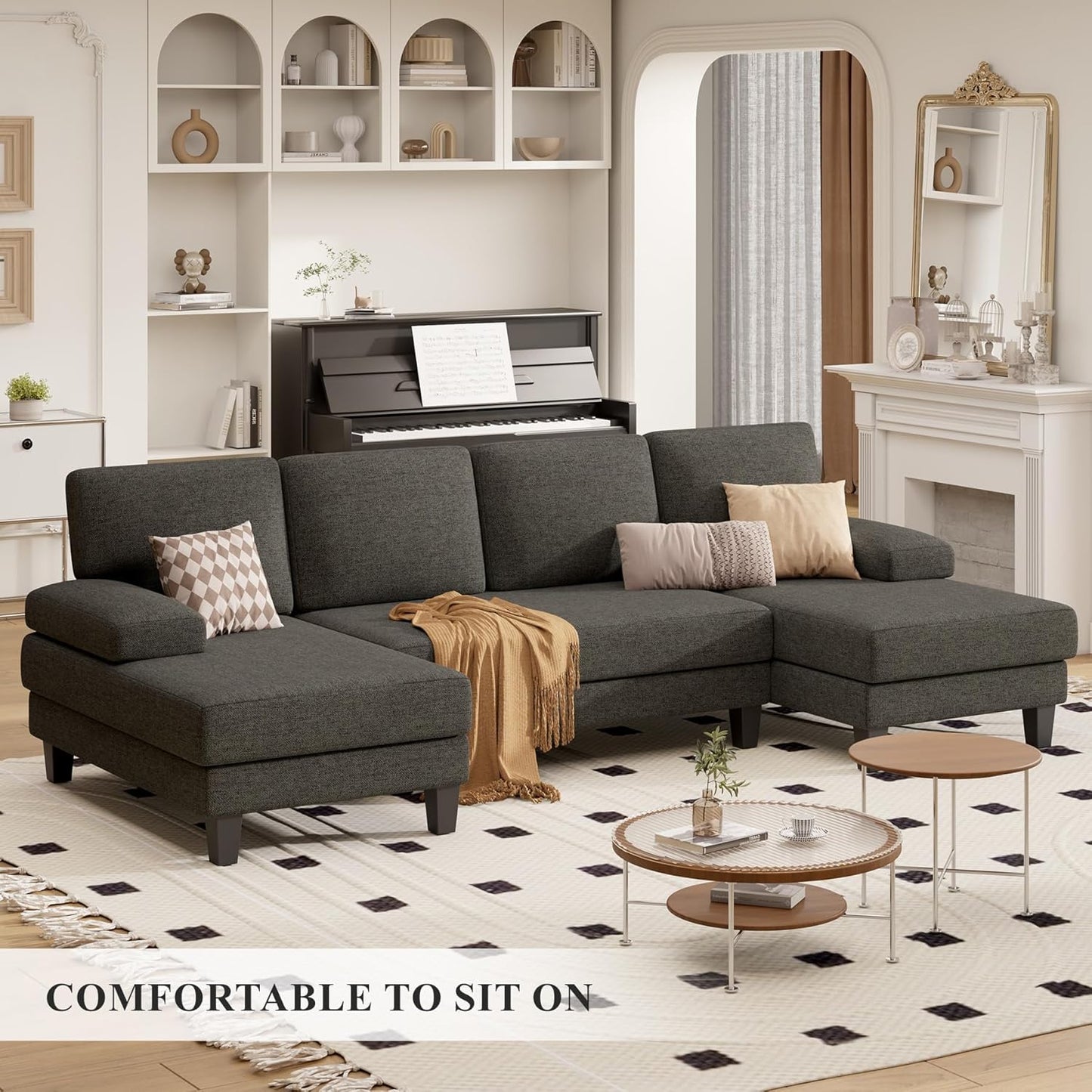 U-Shaped Sectional Sofa Couch for Living Room, Modern Modular Sofa with Double Chaise, Classic Lounge Couch Sleeper for Apartment, Darkbrown