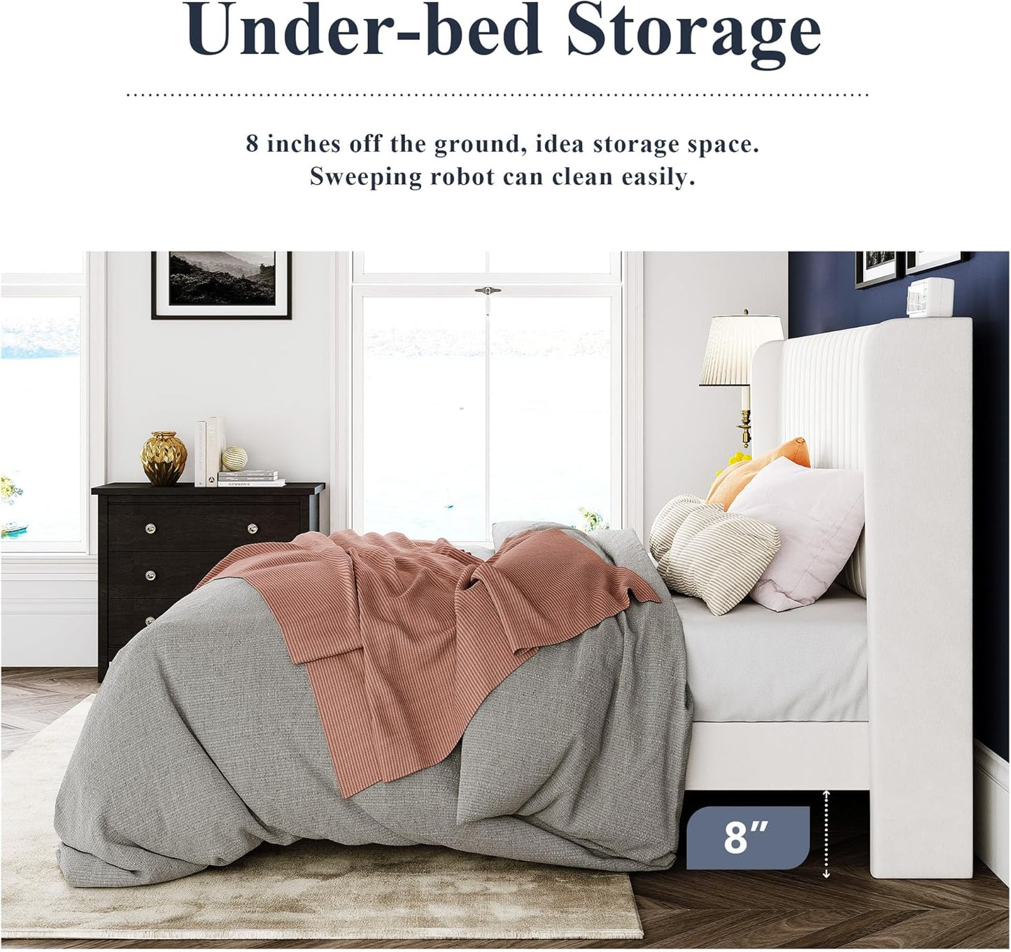 Allewie Full Size Velvet Bed Frame/Vertical Channel Tufted Wingback Headboard/Upholstered Platform Bed/Strong Wooden Slats/No Box Spring Needed/Easy Assembly/White