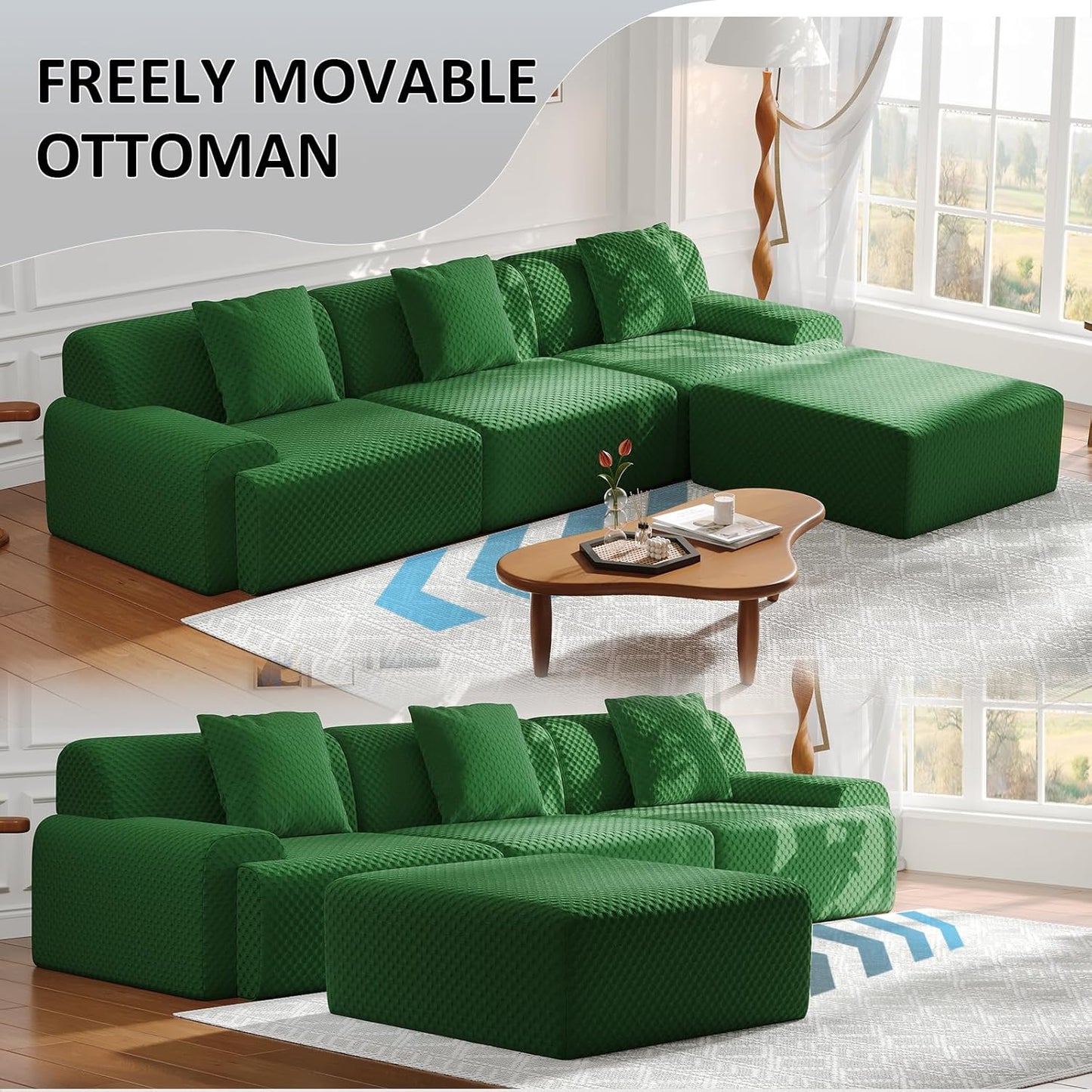 113" Modular Sectional Sofa Upholstered 3-Seater Sofa with Movable Ottoman, Oversized 4-Seater Couch with 3 Throw Pillows High-Density Foam No Assembly Free Combinations (Green)