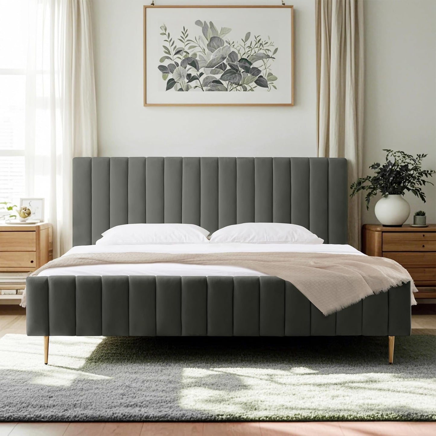 Livinia Queen Size Elton Velvet Platform Bed, Upholstered Bed Frame with Vertical Channel Tufted Headboard Footboard, Strong Wood Slats, No Box Spring Needed, Green (Queen)