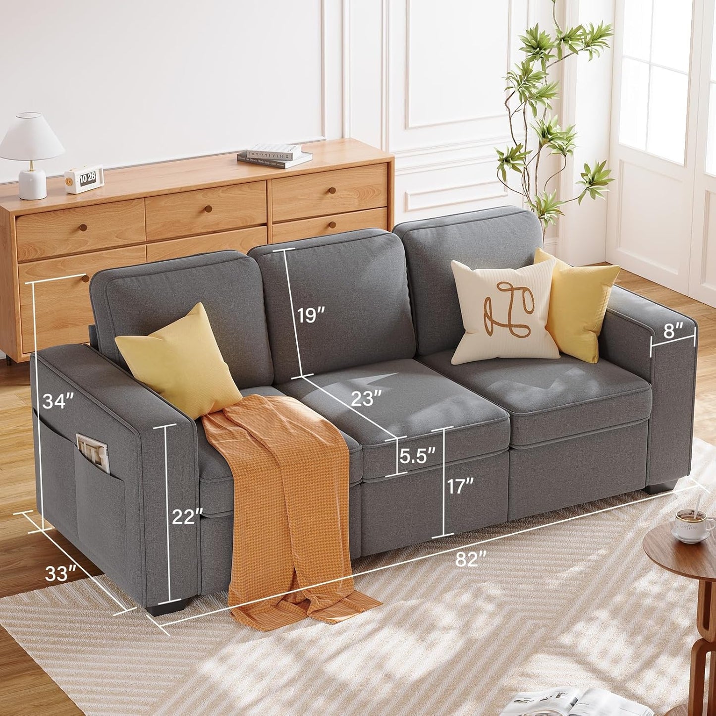 IULULU 82 Inch Sofa, Modern 3 Seater Couch for Living Room, Comfy Couches with Deep Seat, Side Pockets for Apartment, Office, Studio, Gray