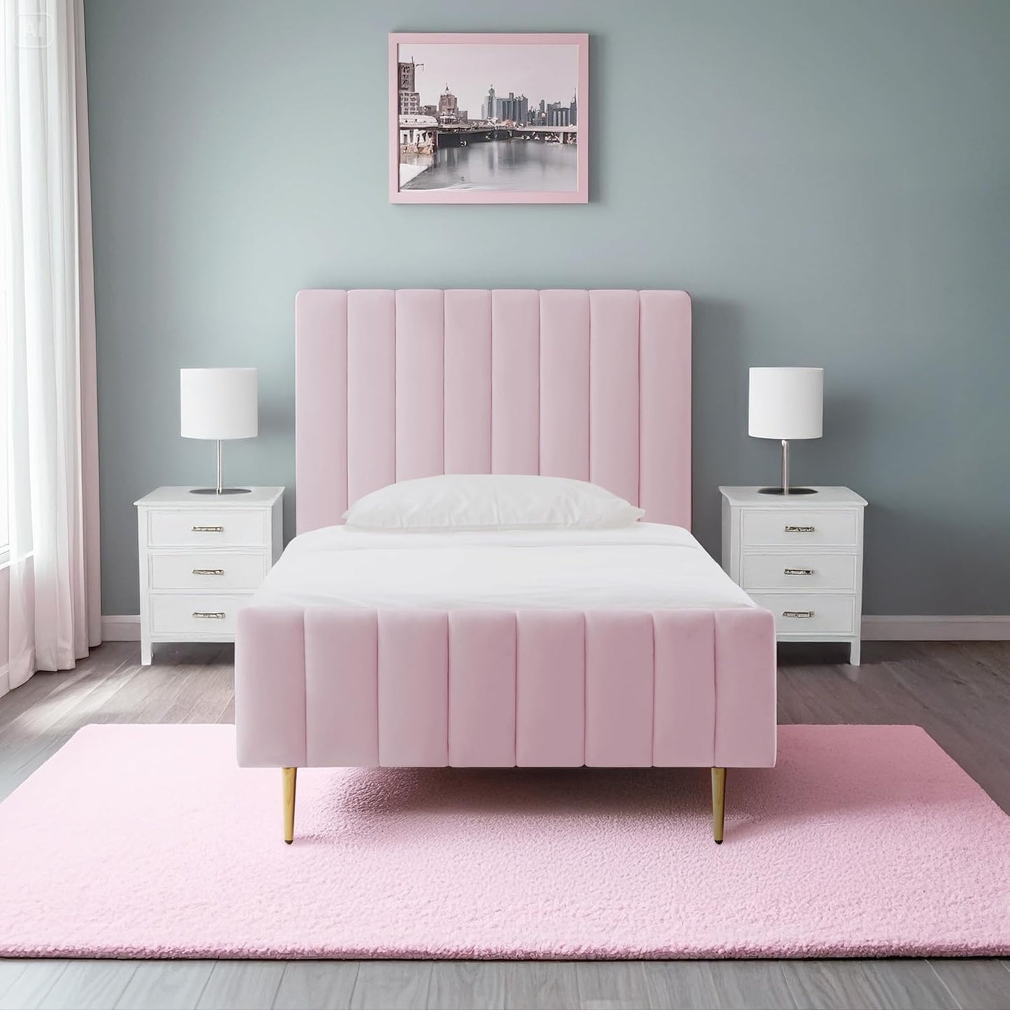 Livinia Queen Size Elton Velvet Platform Bed, Upholstered Bed Frame with Vertical Channel Tufted Headboard Footboard, Strong Wood Slats, No Box Spring Needed, Green (Queen)