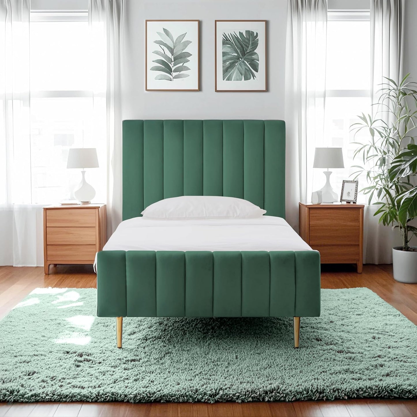 Livinia Queen Size Elton Velvet Platform Bed, Upholstered Bed Frame with Vertical Channel Tufted Headboard Footboard, Strong Wood Slats, No Box Spring Needed, Green (Queen)
