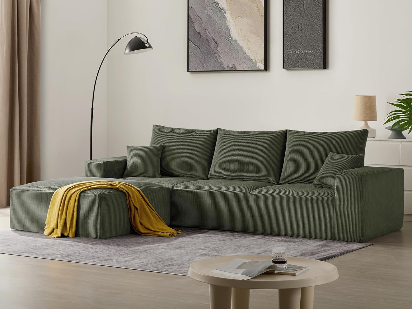 Sectional Cloud Boneless Sofa Couches for Living Room-113'' Gray 3 Seater U-Shaped Modern Lounge Couch-No Assembly Modular Corduroy Convertible Sponge Sleeper Sofas with Chaise for Home House