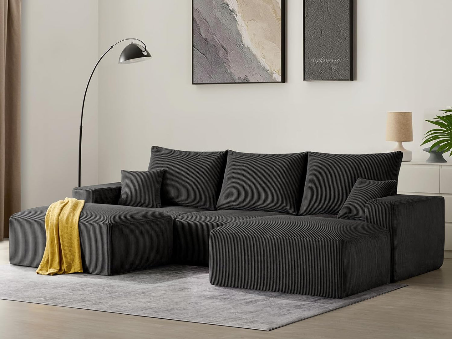 Sectional Cloud Boneless Sofa Couches for Living Room-113'' Gray 3 Seater U-Shaped Modern Lounge Couch-No Assembly Modular Corduroy Convertible Sponge Sleeper Sofas with Chaise for Home House