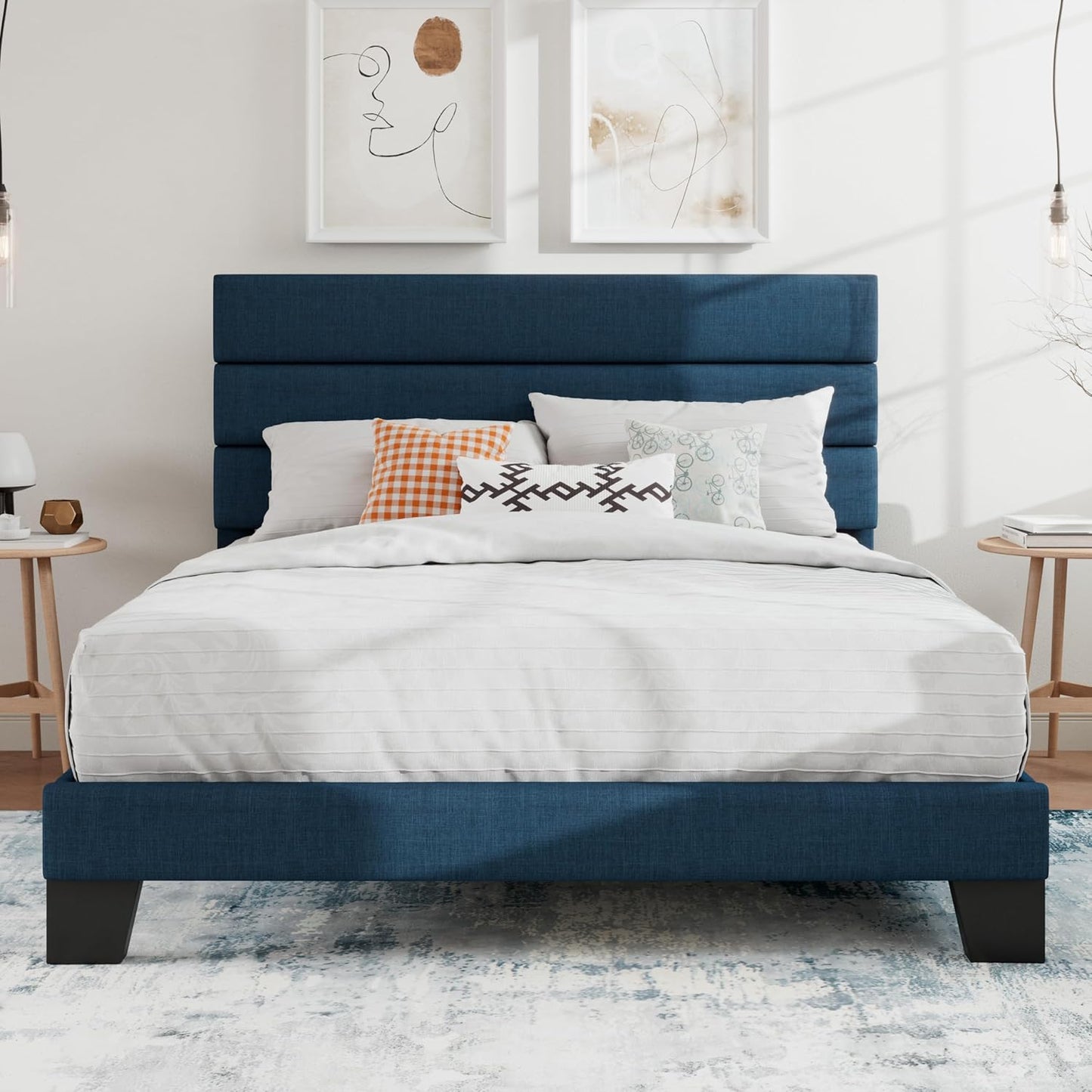 SHA CERLIN Full Platform Bed Frame with Upholstered Fabric Headboard, Mattress Foundation with Strong Wooden Slats Support, No Box Spring Needed, Blue