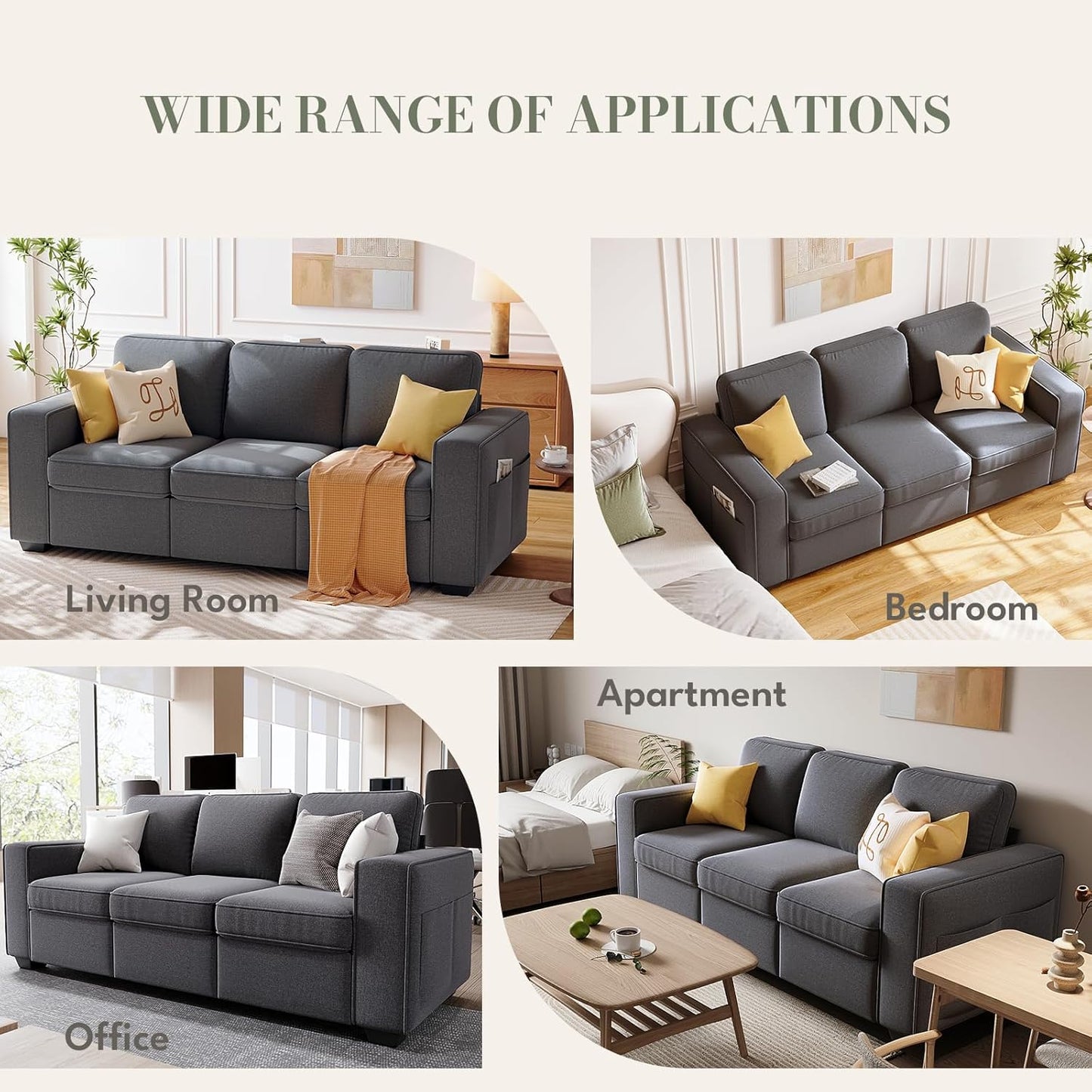 IULULU 82 Inch Sofa, Modern 3 Seater Couch for Living Room, Comfy Couches with Deep Seat, Side Pockets for Apartment, Office, Studio, Gray