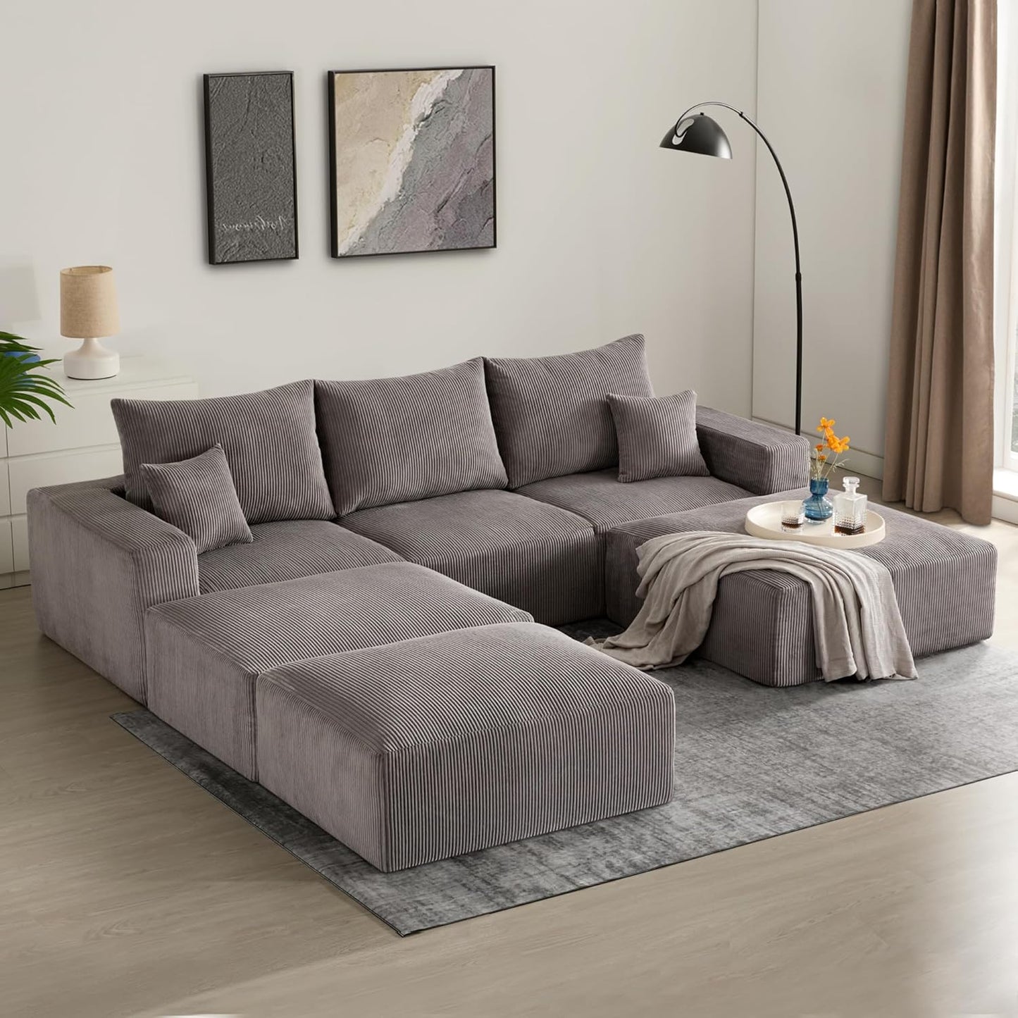 Sectional Cloud Boneless Sofa Couches for Living Room-113'' Gray 3 Seater U-Shaped Modern Lounge Couch-No Assembly Modular Corduroy Convertible Sponge Sleeper Sofas with Chaise for Home House