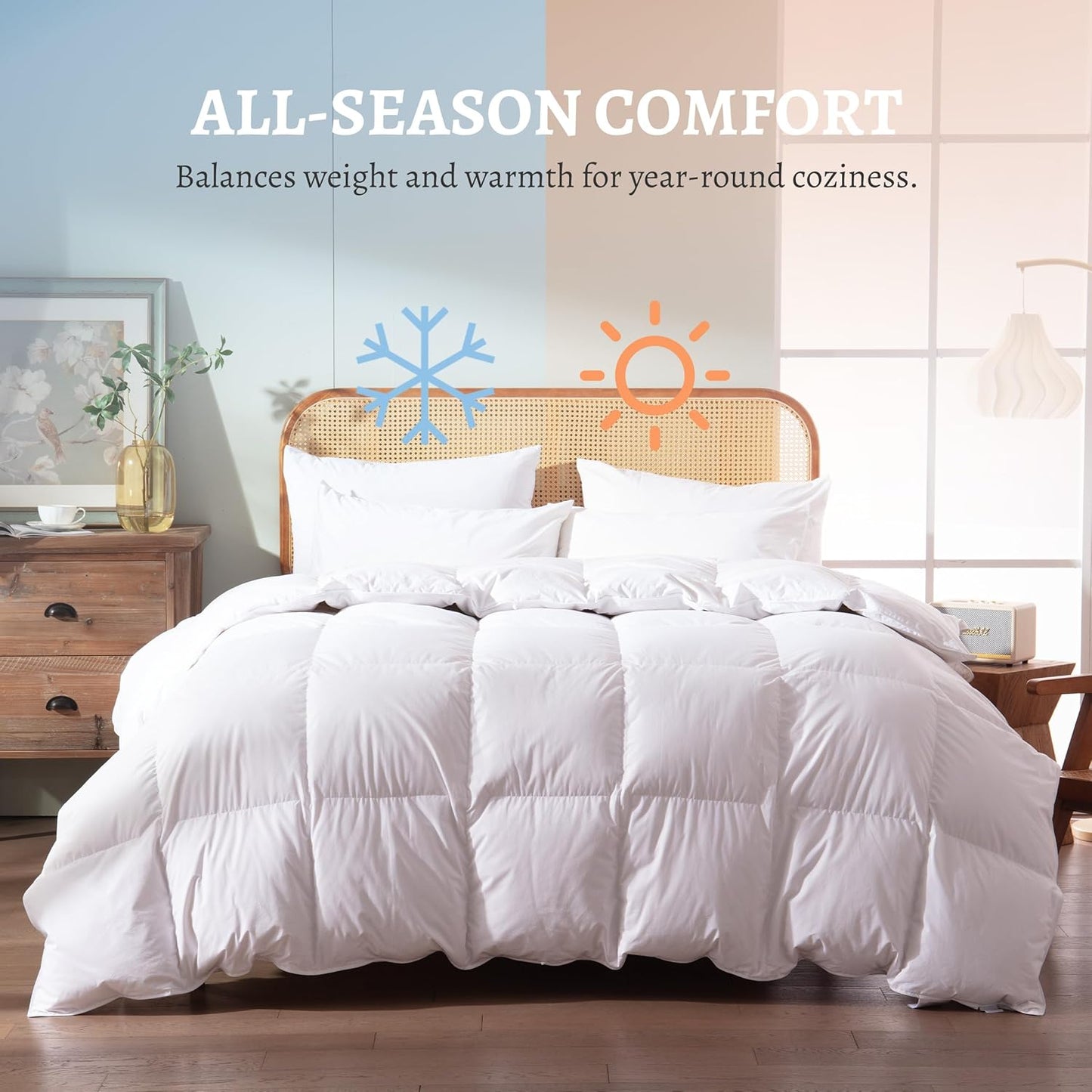 Feather Down Comforter Cal King Size,Hotel Style Bedding Comforter,750+ Fill Power,1200TC,100% Organic Cotton Fabric,All Season White Duvet Insert with 8 Corner Tabs