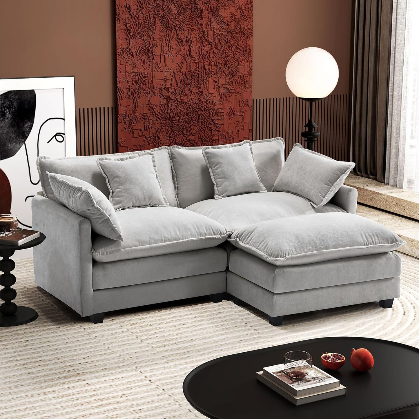 Ihanherry 111.4" L Shaped Modern Sofa Modular Sectional Cloud Couch with Ottoman, 4-Seat Chenille Deep Seat Sofa with Pillow for Living Room, Bedroom and Apartment, Grey