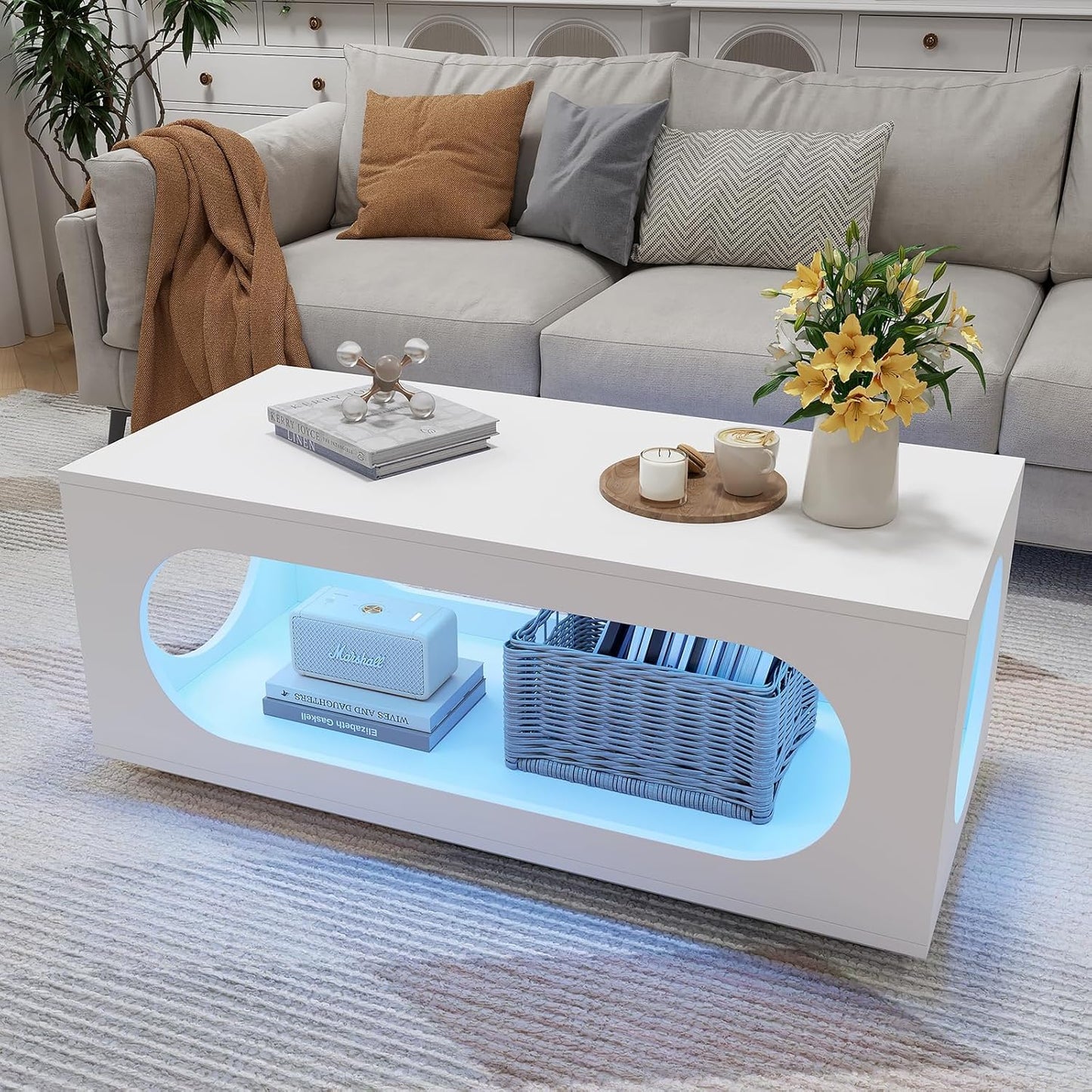 43" White Led Coffee Table for Living Room, Modern Living Room Table Rectangular Contemporary Center Table with Storage, Wooden Coffee Tables with LED Lights for Dining Reception Room