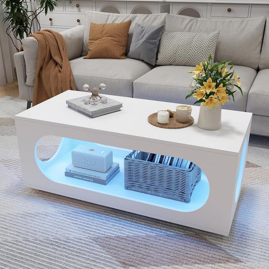 43" White Led Coffee Table for Living Room, Modern Living Room Table Rectangular Contemporary Center Table with Storage, Wooden Coffee Tables with LED Lights for Dining Reception Room