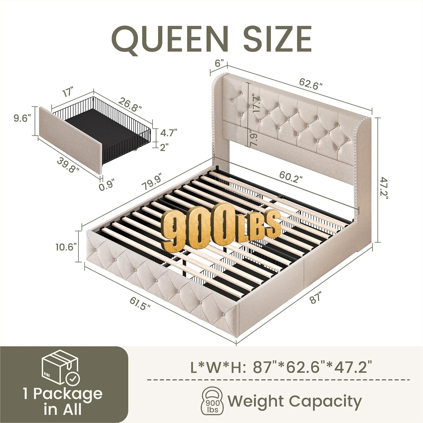 Queen Size Bed Frame with 4 Storage Drawers and Tufted Headboard Linen Upholstered Platform Bed Frame Wingback Beds with Wooden Slats Support, Easy Assembly, Beige