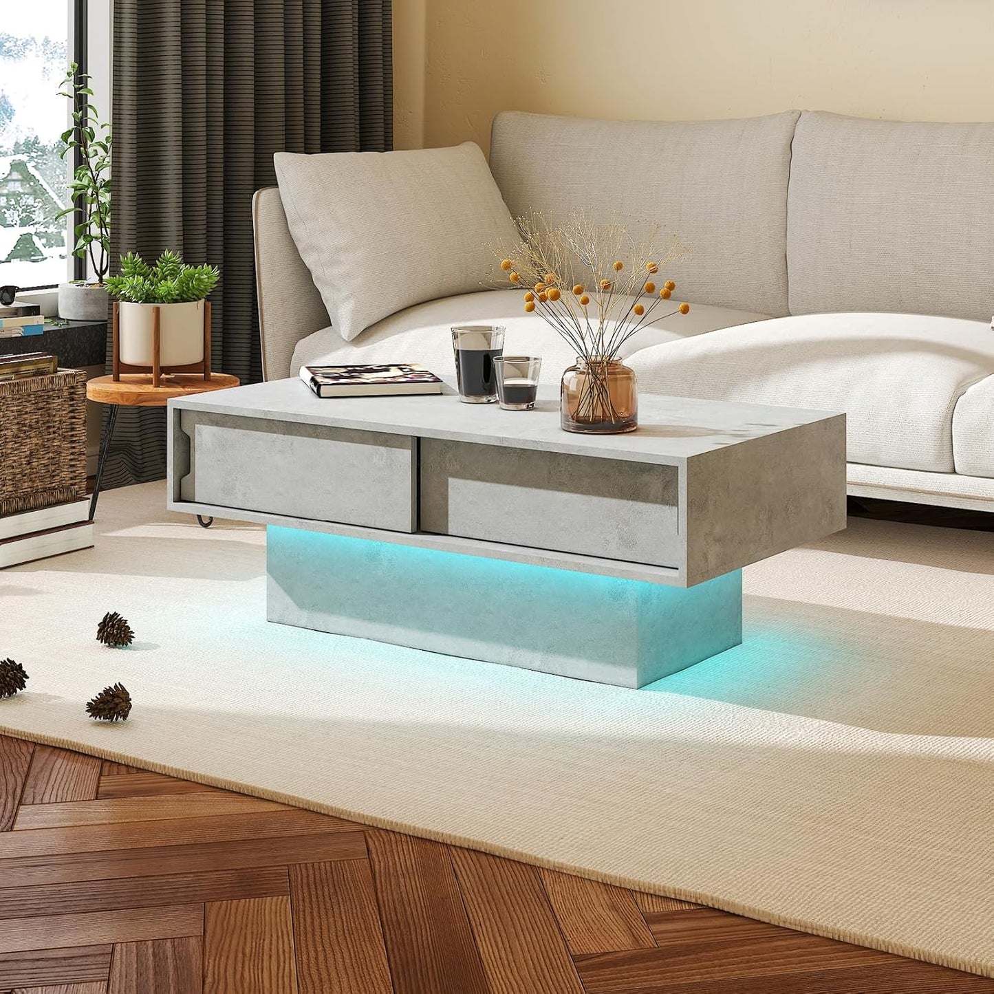 43" White Led Coffee Table for Living Room, Modern Living Room Table Rectangular Contemporary Center Table with Storage, Wooden Coffee Tables with LED Lights for Dining Reception Room