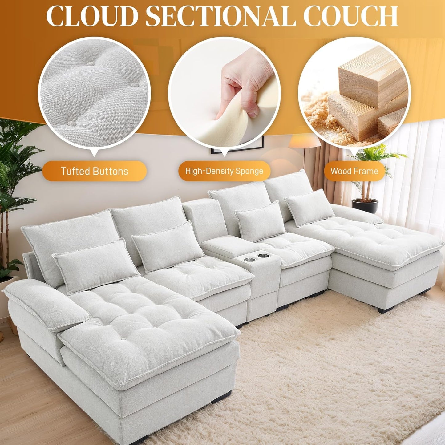 OUYESSIR 130" U Shaped Sectional Cloud Couches with Storage Console, Oversized Modular Sectional Sofa with Tufted Buttons & Chaise Lounge, Comfy Linen 6 Seat Sofa for Living Room, Beige White