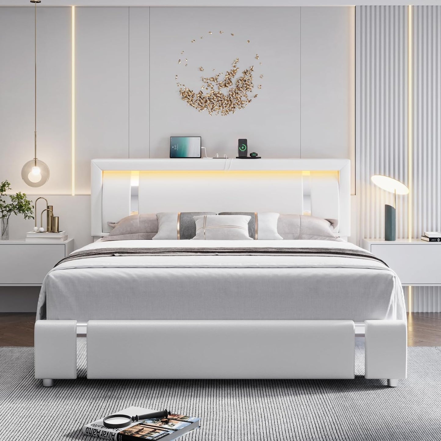 Keyluv Queen Bed Frame with RGB LED Lights Headboard & 2 Storage Drawers, Modern Upholstered Faux Leather Smart Platform Iron Metal Decor, USB USB-C Charging Ports, No Box Spring Needed, White