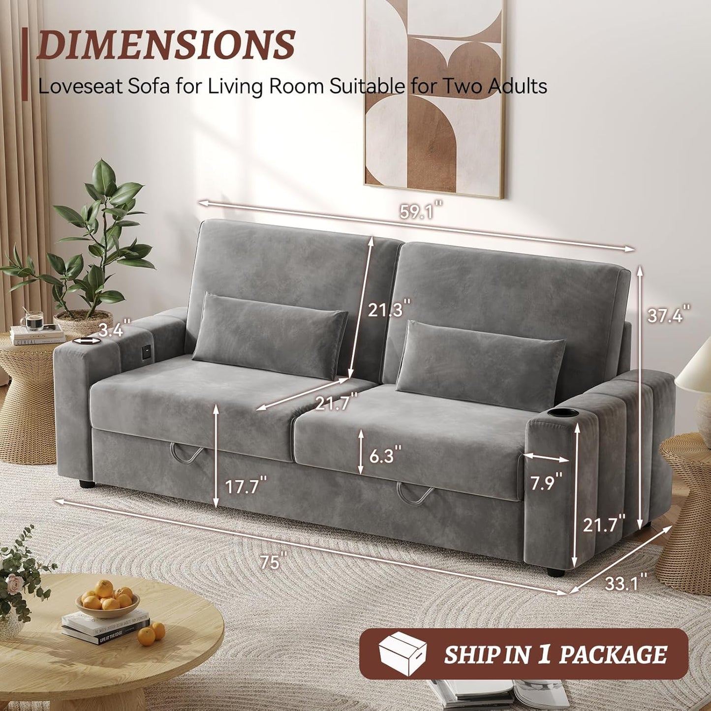 75 Inch Loveseat Sofa, Velvet Fabric Couch with Storage, Cup Holder, Charging Ports, Heightened Backrests, Removable Cover Modern Comfy Couches Easy Assembly for Small Spaces Apartment