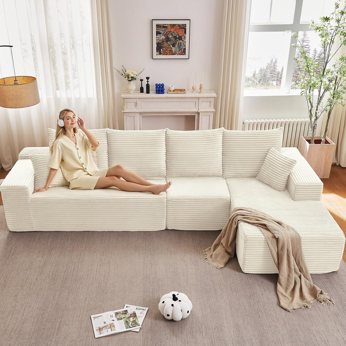 107" Modular Sectional Couches for Living Room, Comfy Boneless L Shaped Cloud Couch with Chaise Lounge, Modern Cozy Corduroy Deep Seat Floor Sofa, Memory Foam, No Assembly Required, Black