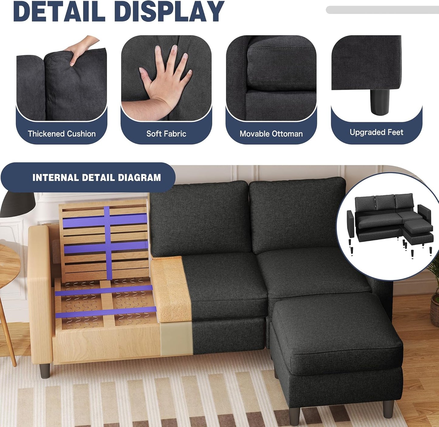 Shintenchi Small Sectional Couch Sofas, 3 Seat L Shape Sofa with Ottoman, Fabric Upholstered Convertible Sofa Couches, Small Couch for Apartments, Living Room and Office (Black)