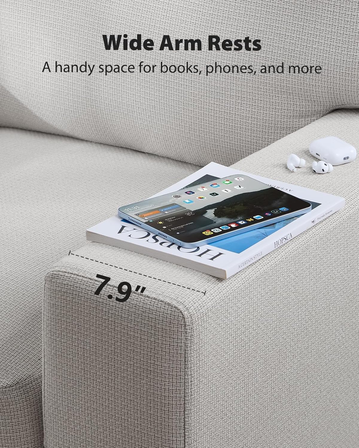 Pipishell 3 Seater Couch, Sofas for Living Room with Deep Seats and Wide Armrests, 89" Comfy 3 Seater Sofa, Supportive with Thickened Cushion, Cotton-Linen Couches, Removable & Washable Covers, Grey