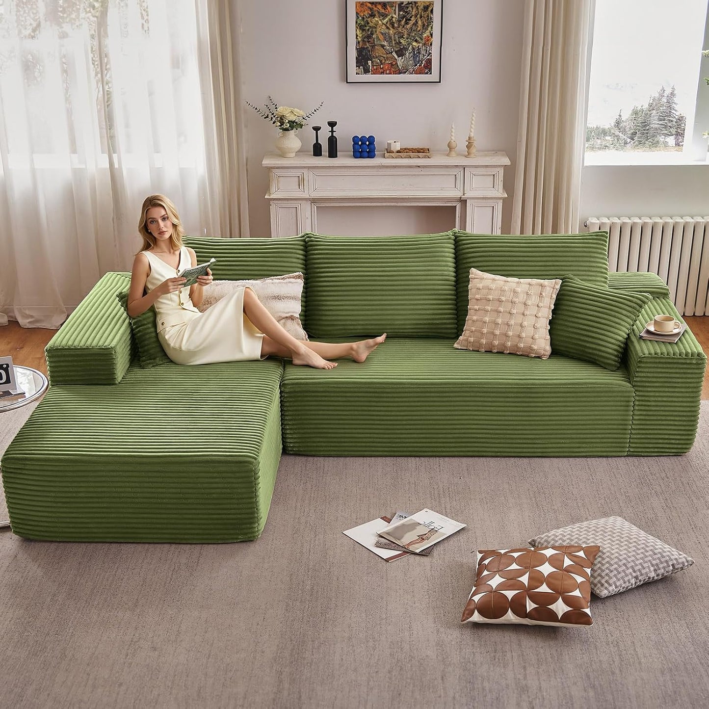 107" Modular Sectional Couches for Living Room, Comfy Boneless L Shaped Cloud Couch with Chaise Lounge, Modern Cozy Corduroy Deep Seat Floor Sofa, Memory Foam, No Assembly Required, Black