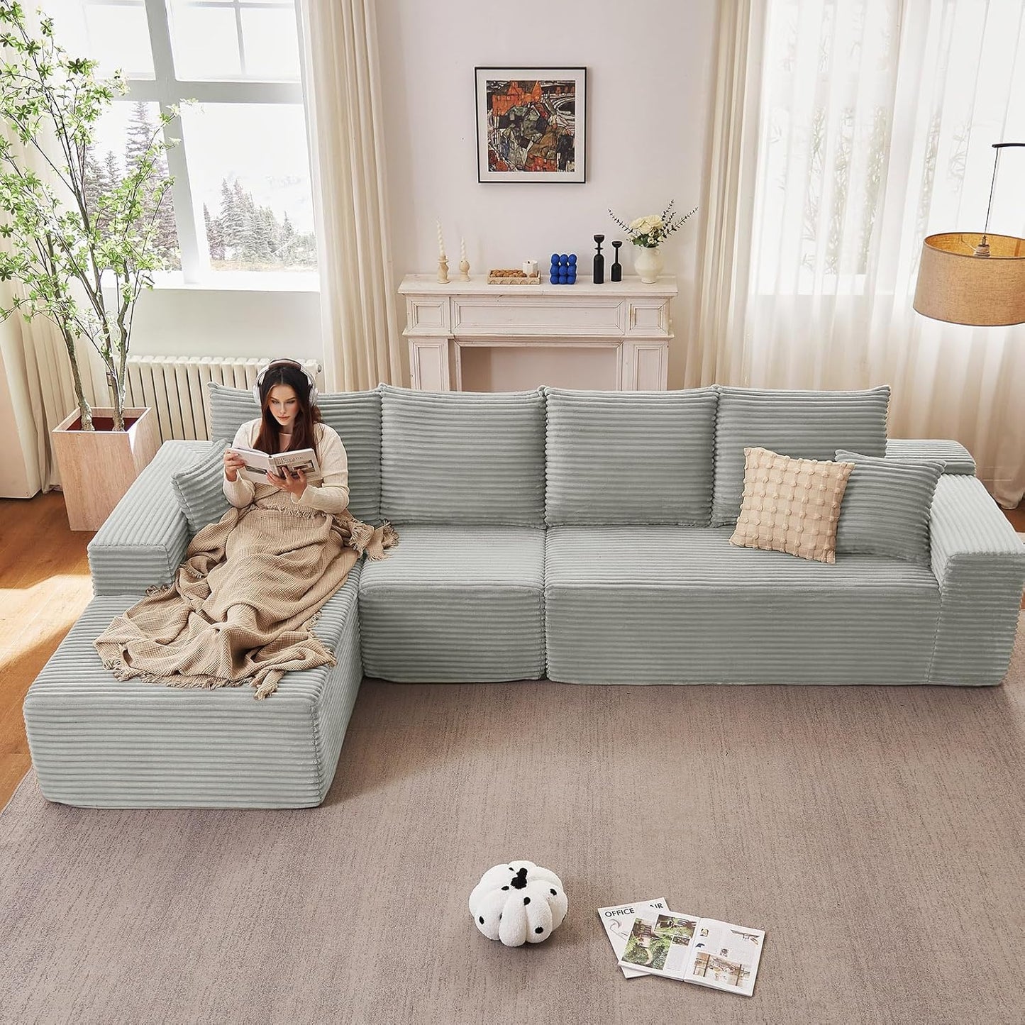 107" Modular Sectional Couches for Living Room, Comfy Boneless L Shaped Cloud Couch with Chaise Lounge, Modern Cozy Corduroy Deep Seat Floor Sofa, Memory Foam, No Assembly Required, Black