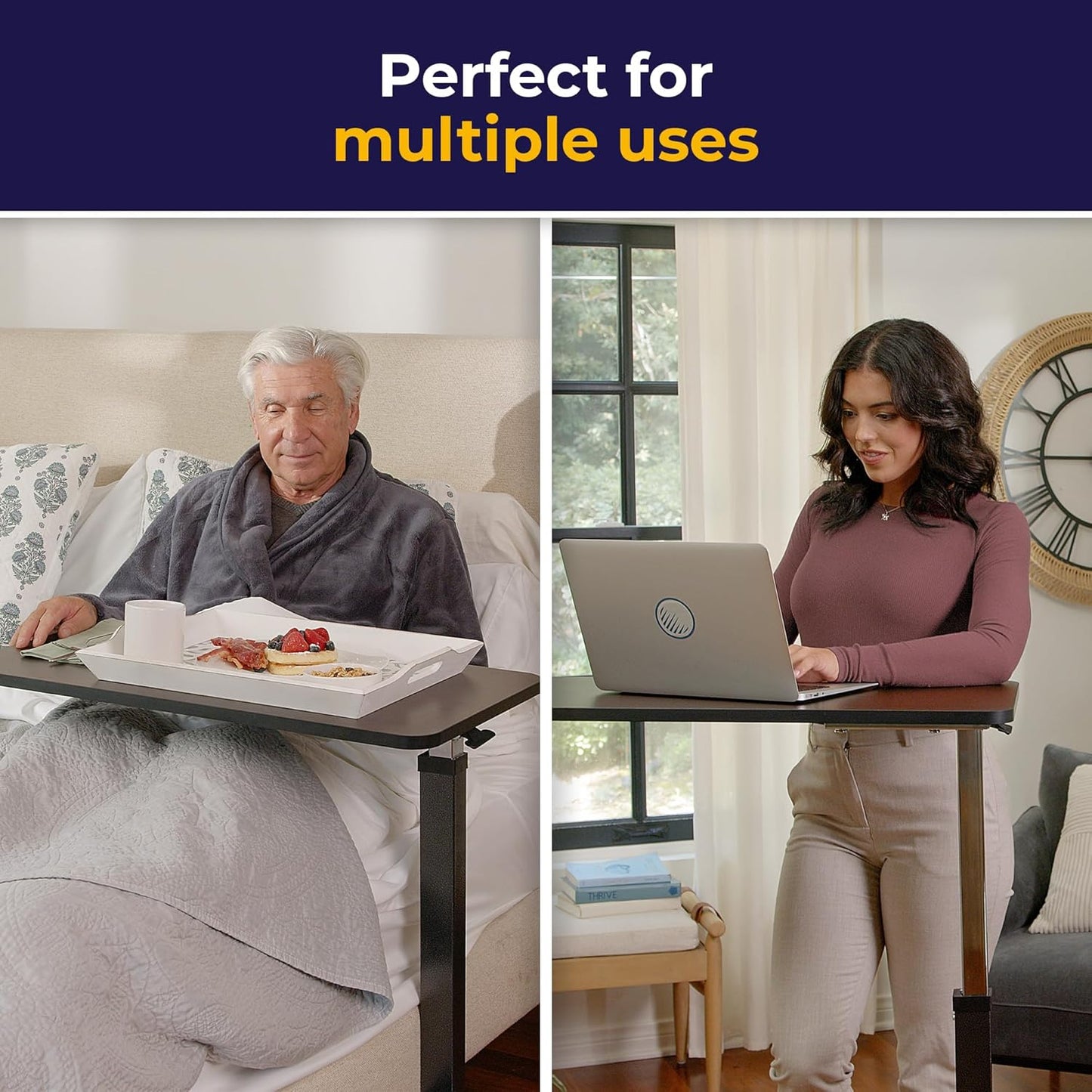 Drive Medical 13067 Non Tilt Top Overbed Table with Wheels and Secure Height Adjustment,Tray Table for Hospital or Home Use, Bedside Rolling Overbed Table, Silver Vein